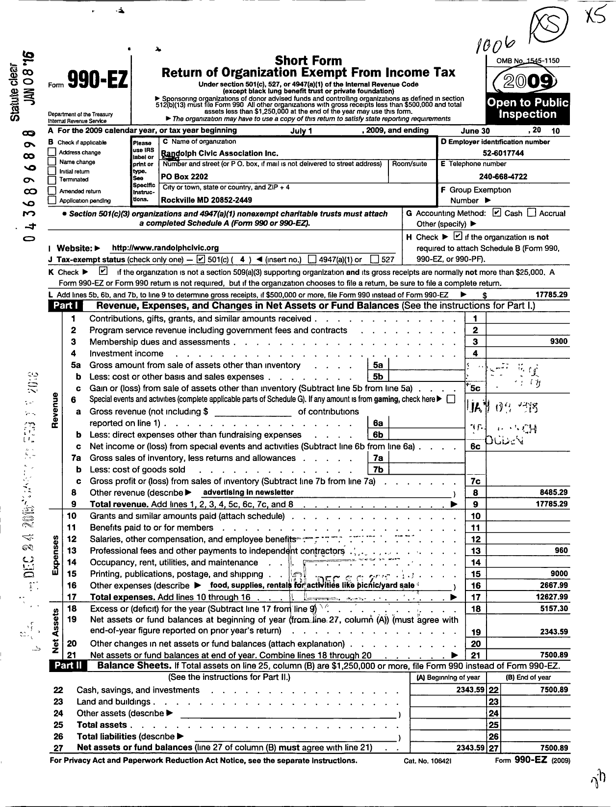 Image of first page of 2009 Form 990EO for Randolph Civic Association