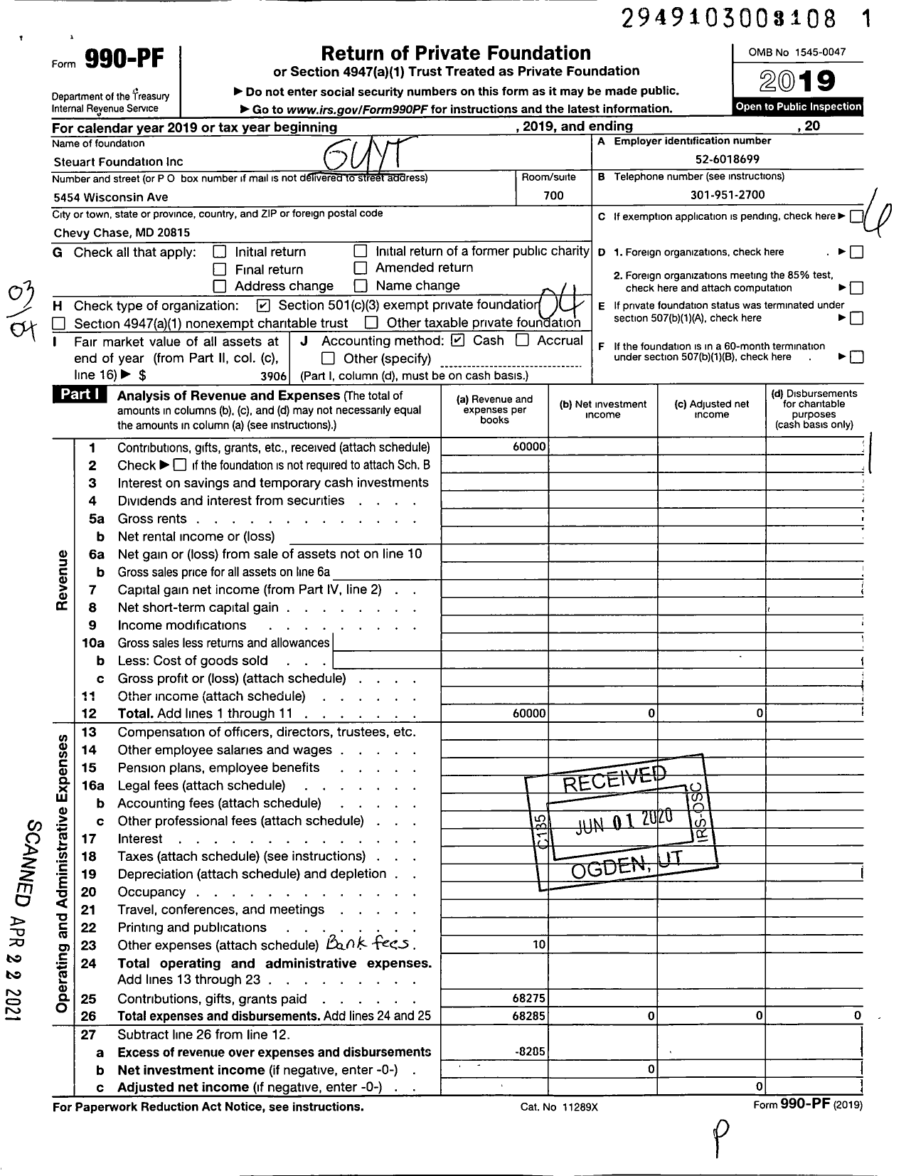 Image of first page of 2019 Form 990PF for Guy T Steuart Foundation