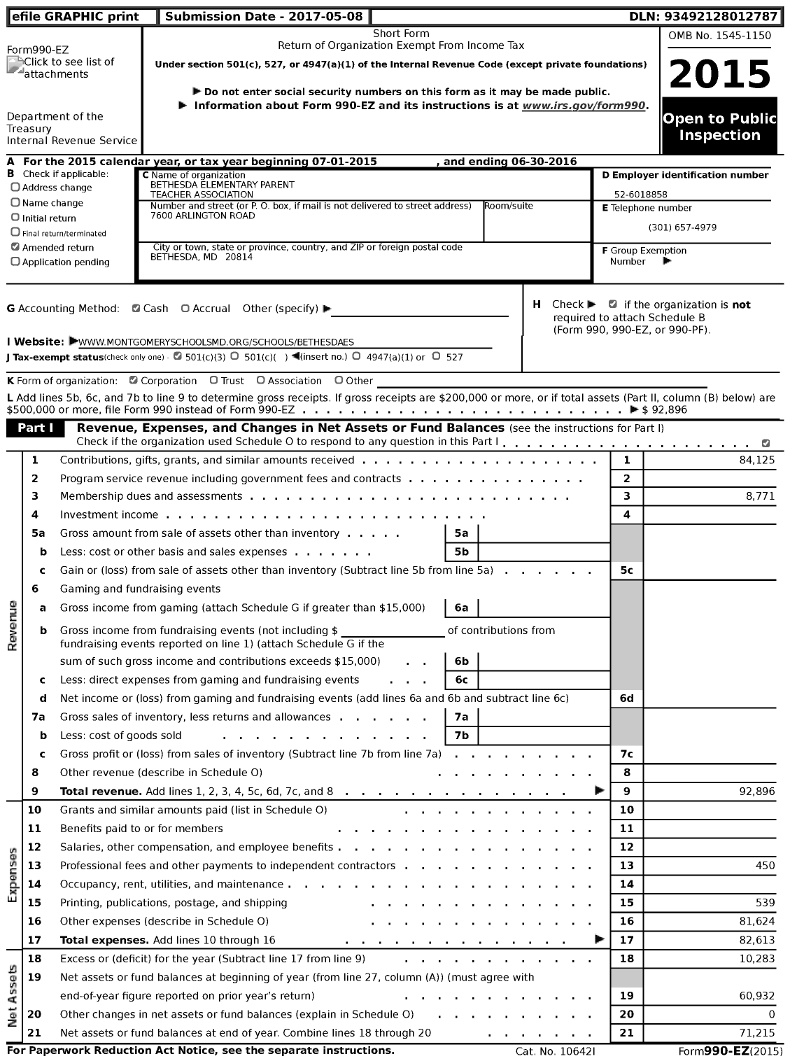 Image of first page of 2015 Form 990EZ for Bethesda Elementary PTA