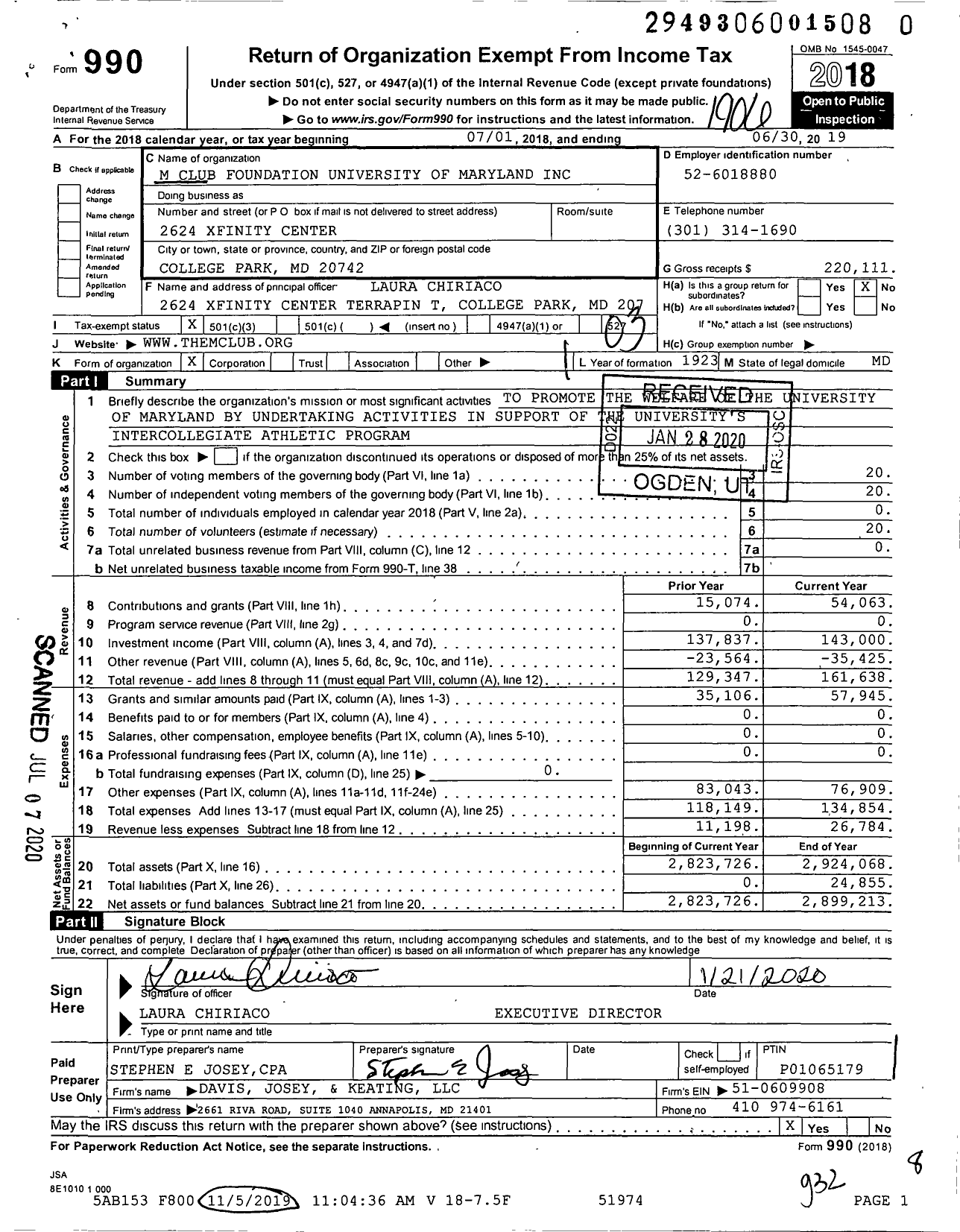 Image of first page of 2018 Form 990 for M Club Foundation University of