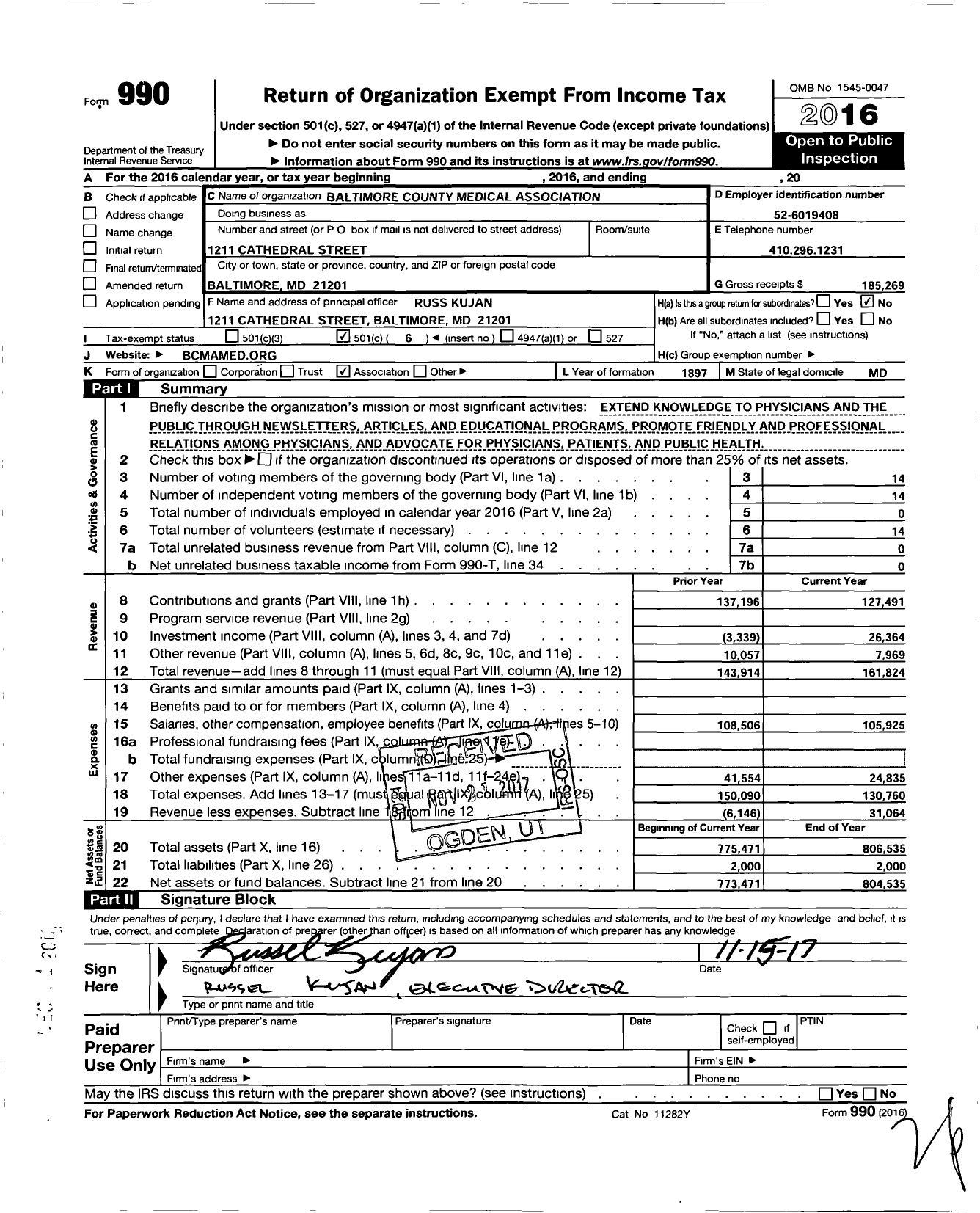 Image of first page of 2016 Form 990O for Baltimore County Medical Association
