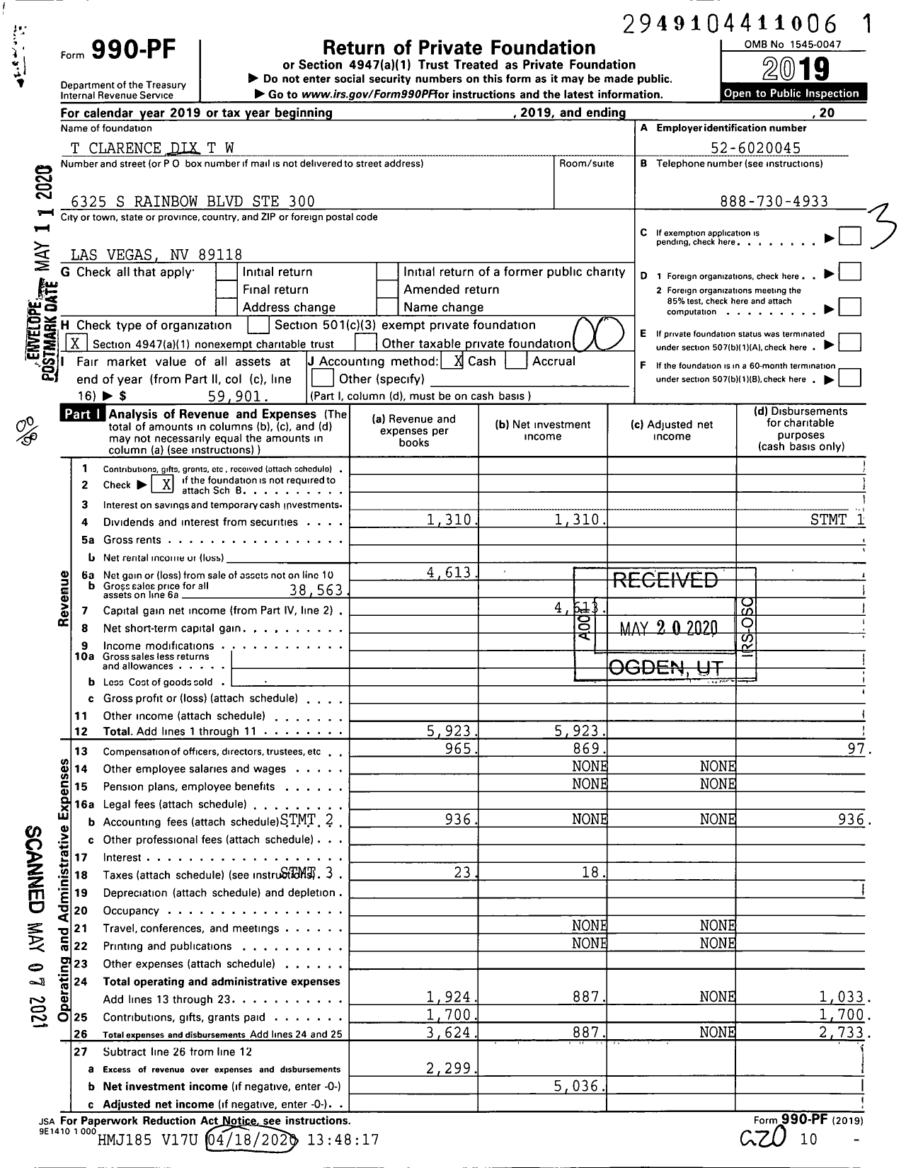 Image of first page of 2019 Form 990PF for T Clarence Dix T W