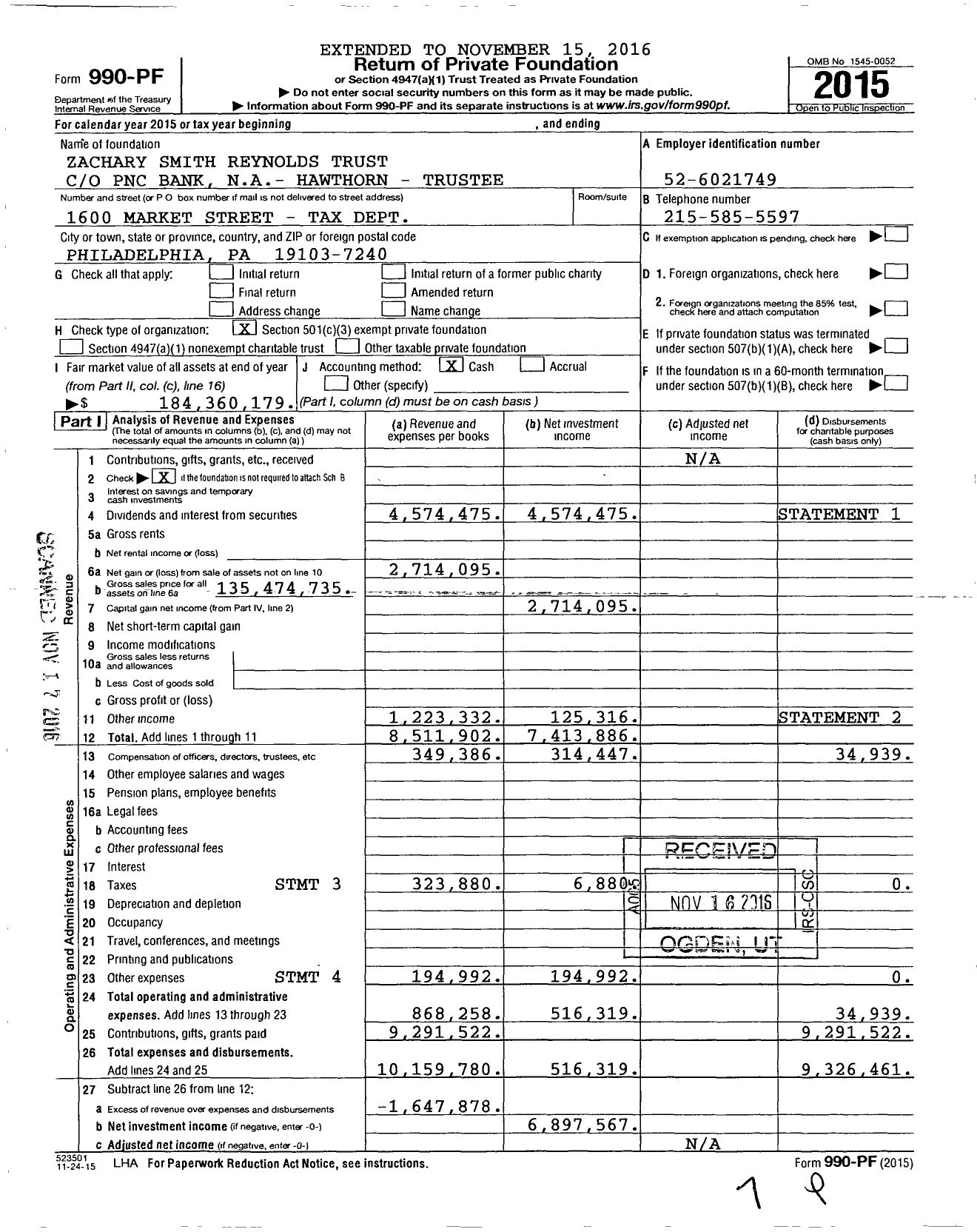 Image of first page of 2015 Form 990PF for Zachary Smith Reynolds Trust