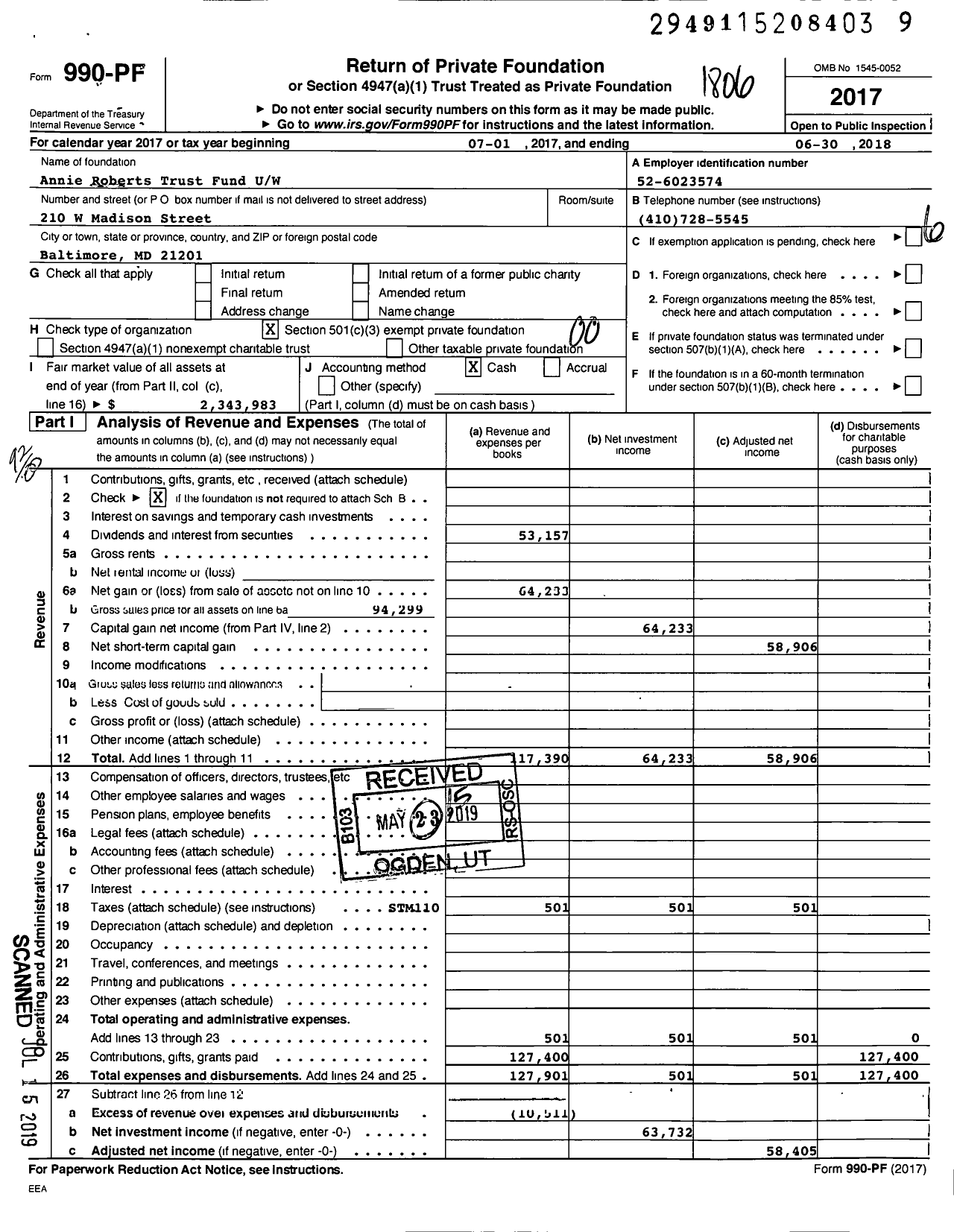 Image of first page of 2017 Form 990PF for Annie Roberts Trust UW