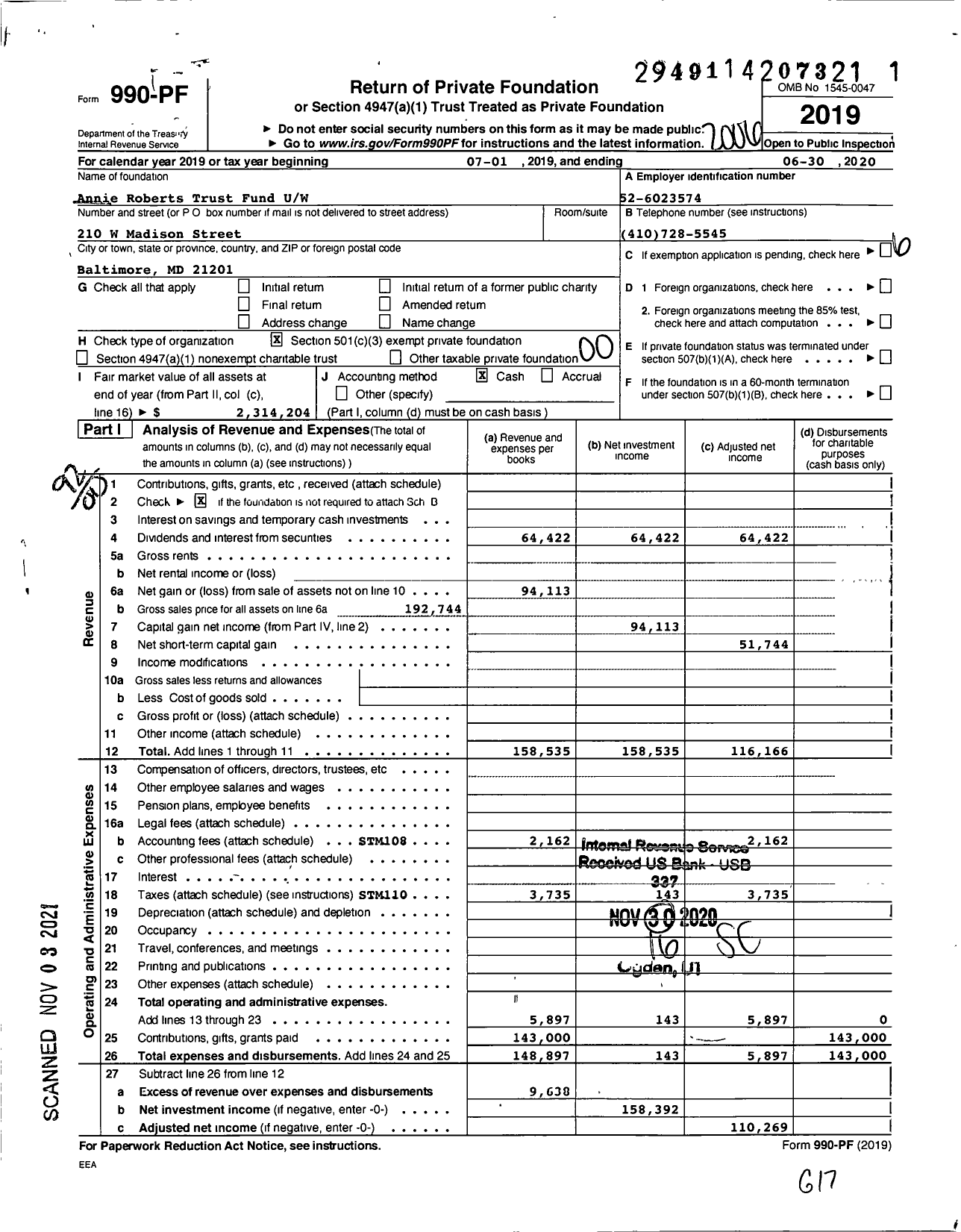 Image of first page of 2019 Form 990PF for Annie Roberts Trust UW