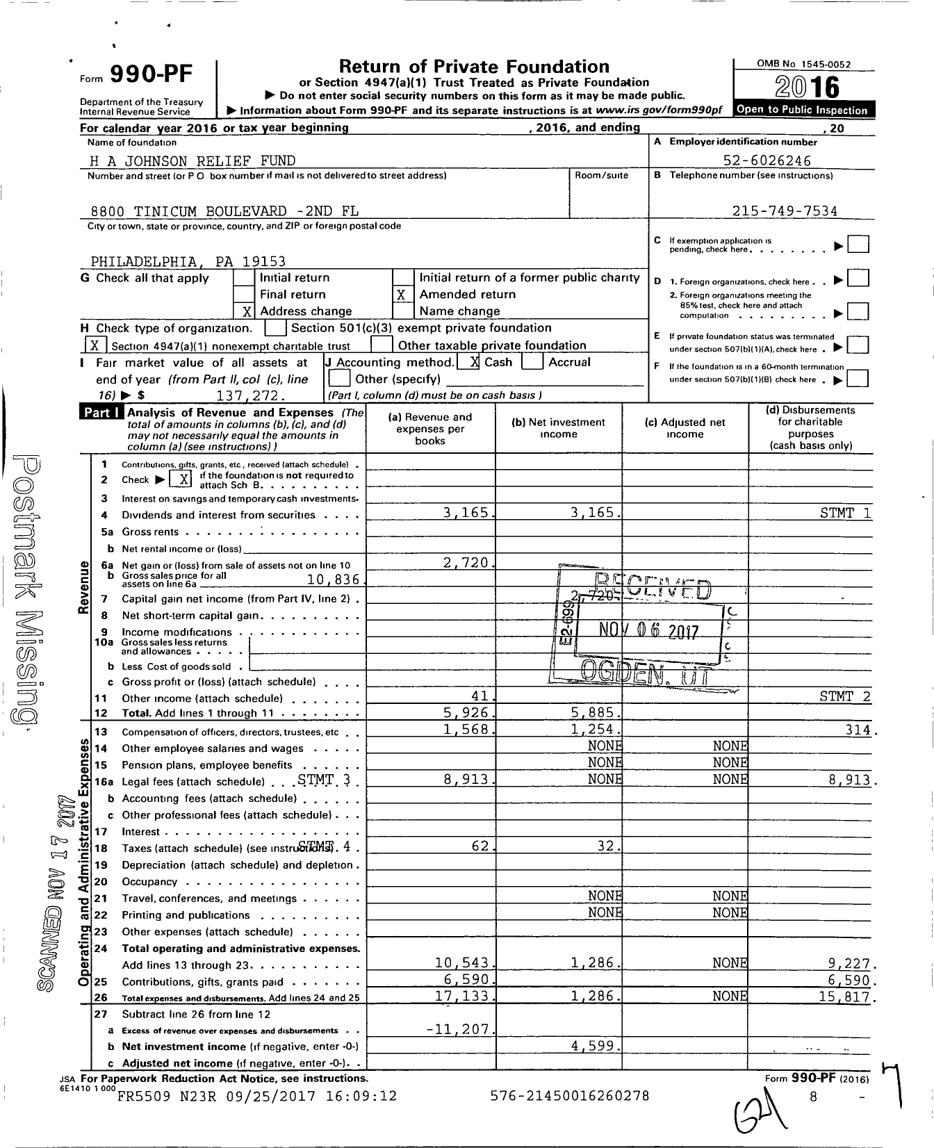 Image of first page of 2016 Form 990PF for H A Johnson Relief Fund