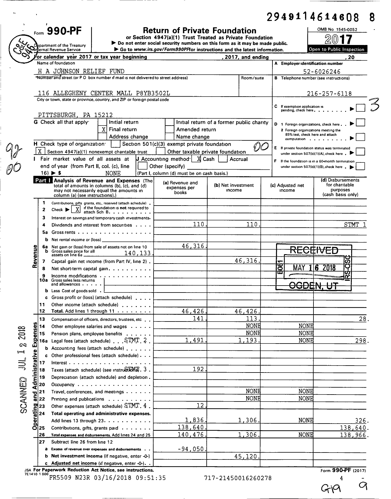 Image of first page of 2017 Form 990PF for H A Johnson Relief Fund