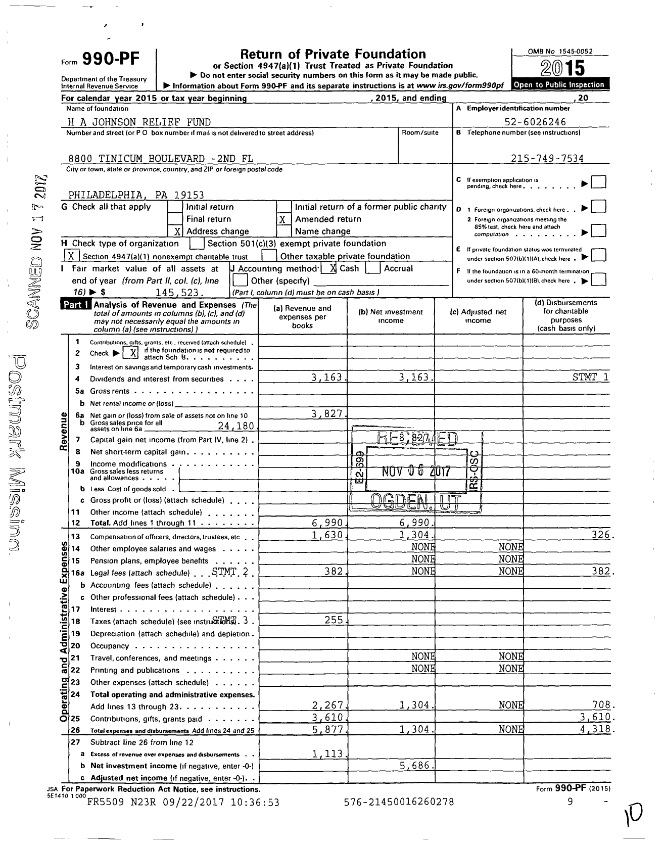 Image of first page of 2015 Form 990PF for H A Johnson Relief Fund