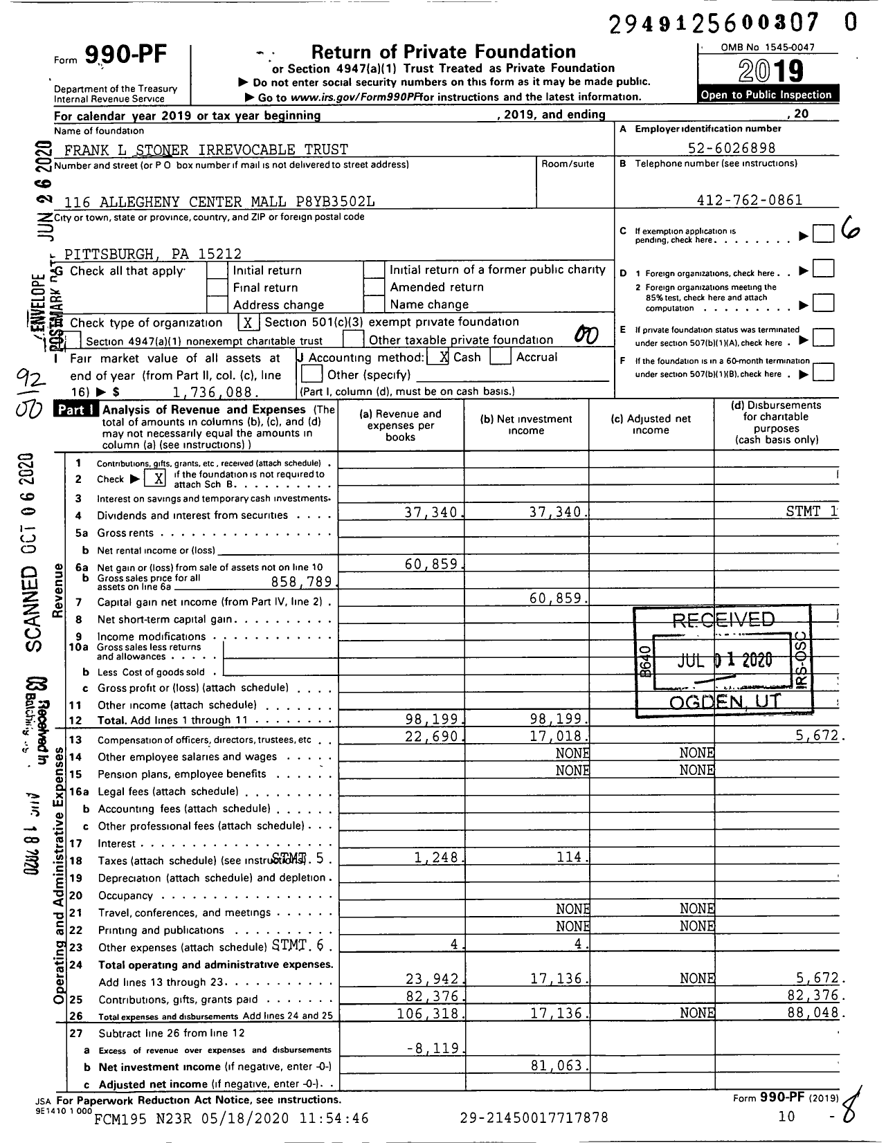 Image of first page of 2019 Form 990PR for Frank L Stoner Irrevocable Trust