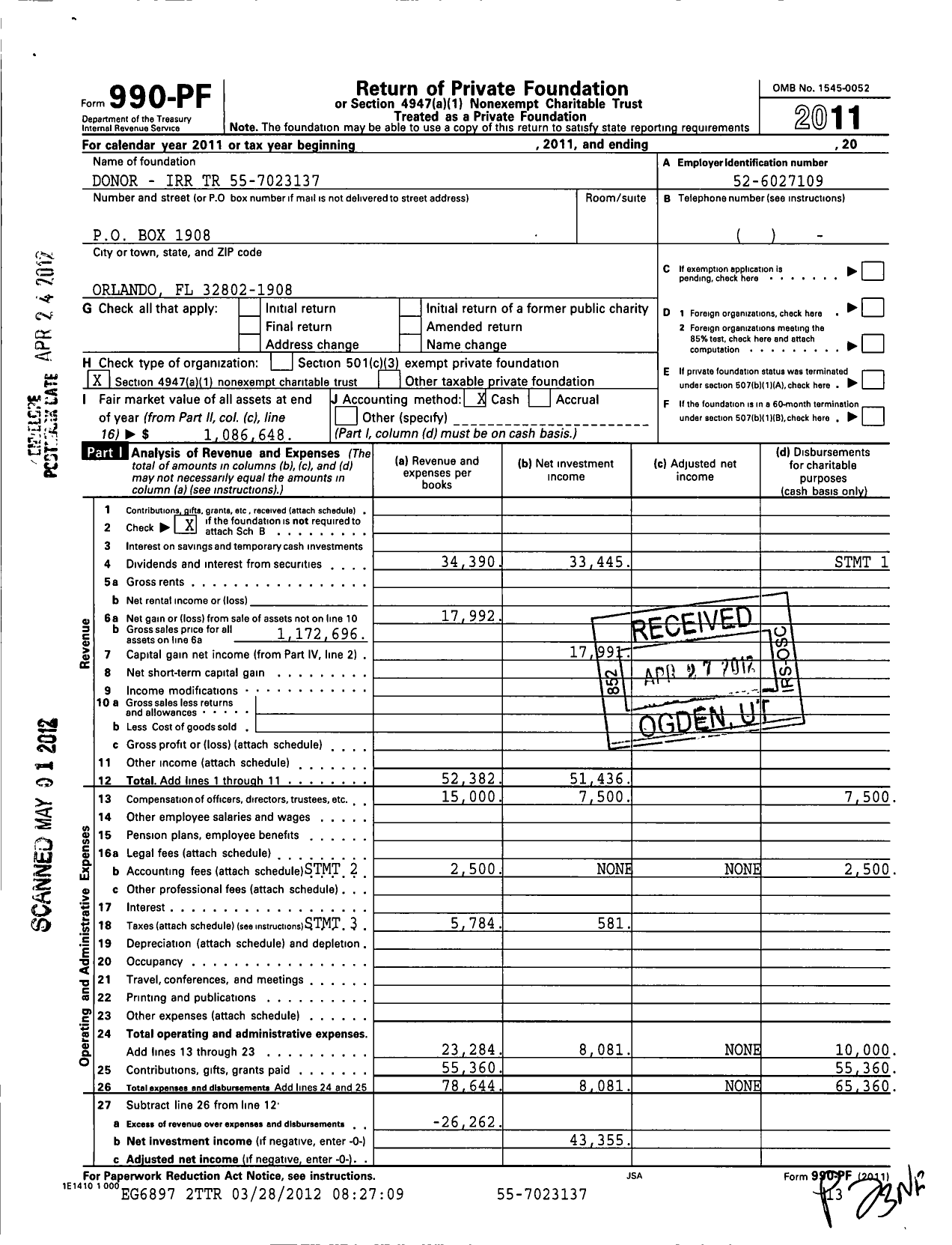 Image of first page of 2011 Form 990PF for Donor-Irr Trust
