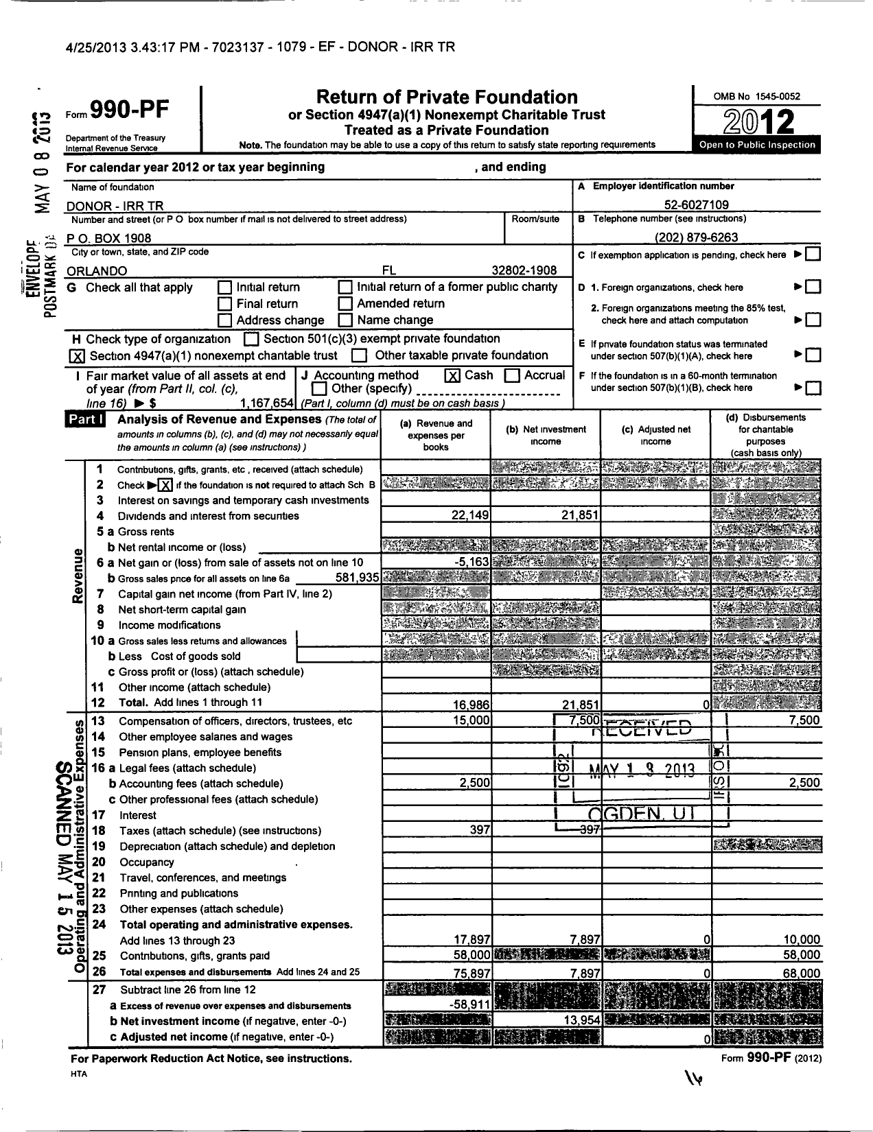 Image of first page of 2012 Form 990PF for Donor-Irr Trust