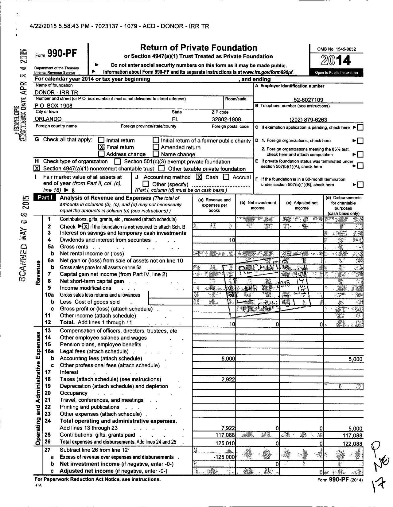 Image of first page of 2014 Form 990PF for Donor-Irr Trust