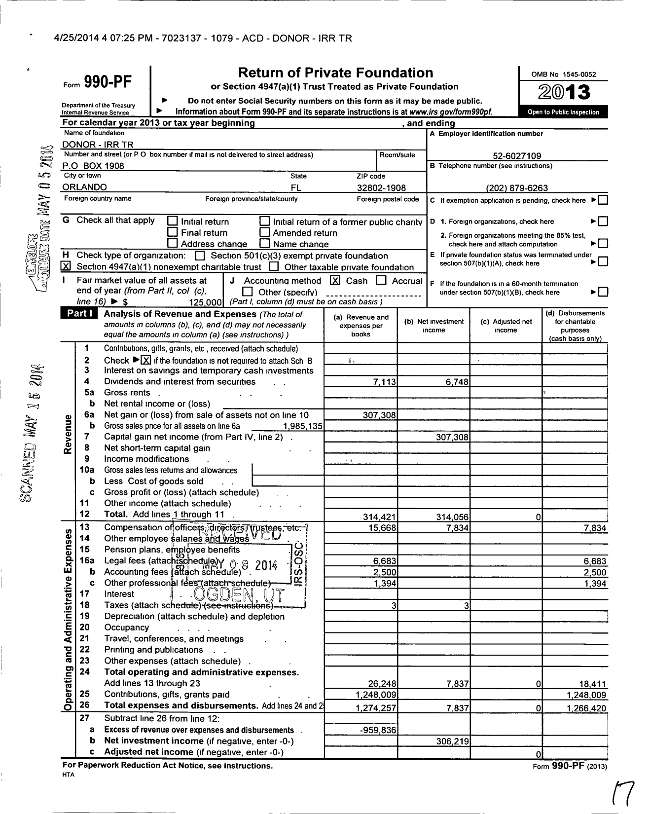 Image of first page of 2013 Form 990PF for Donor-Irr Trust