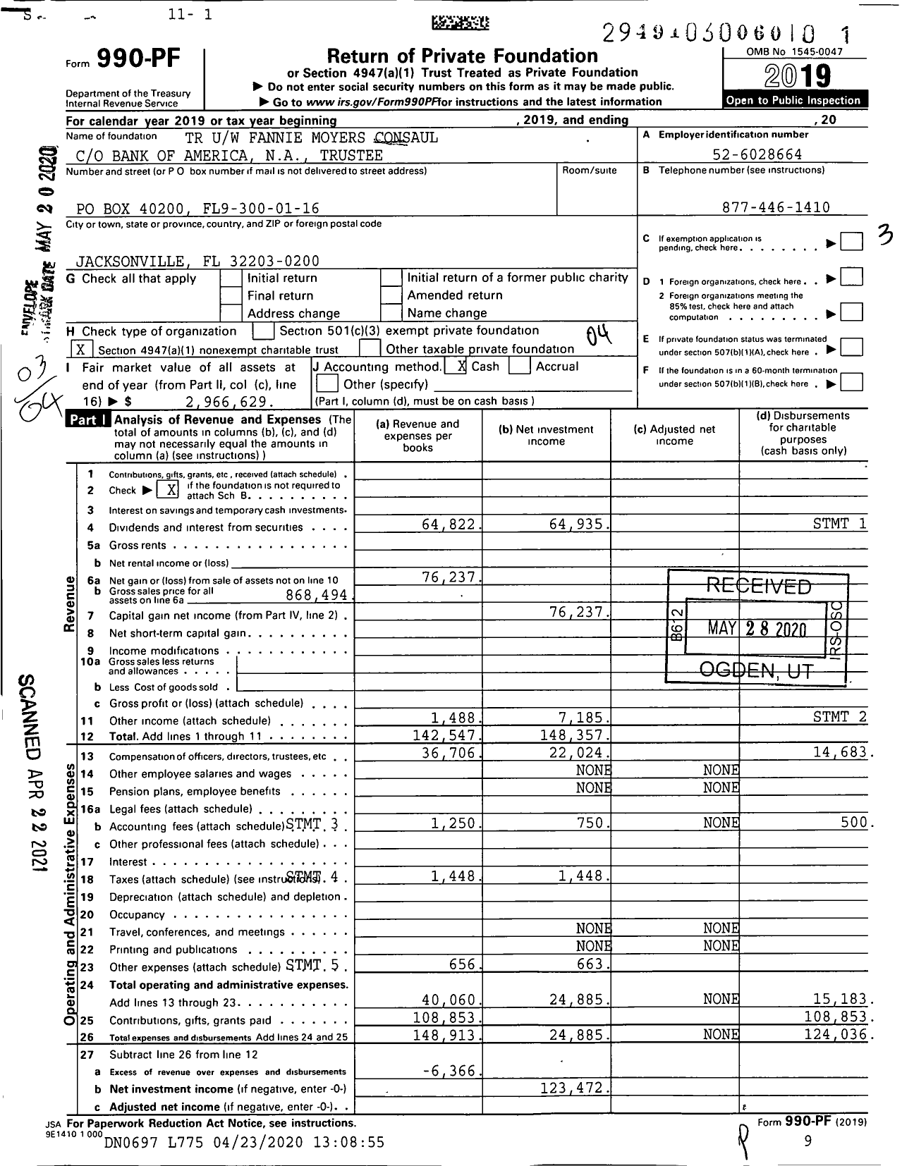 Image of first page of 2019 Form 990PF for TR Uw Fannie Moyers Consaul