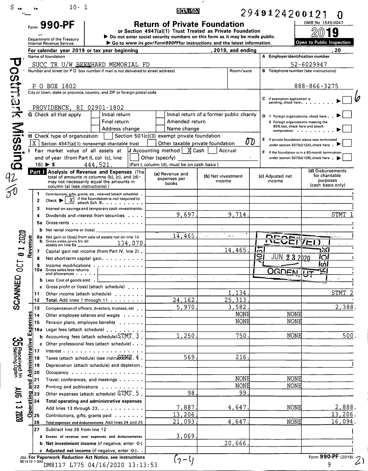 Image of first page of 2019 Form 990PR for Succ TR Uw Bernhard Memorial Fund