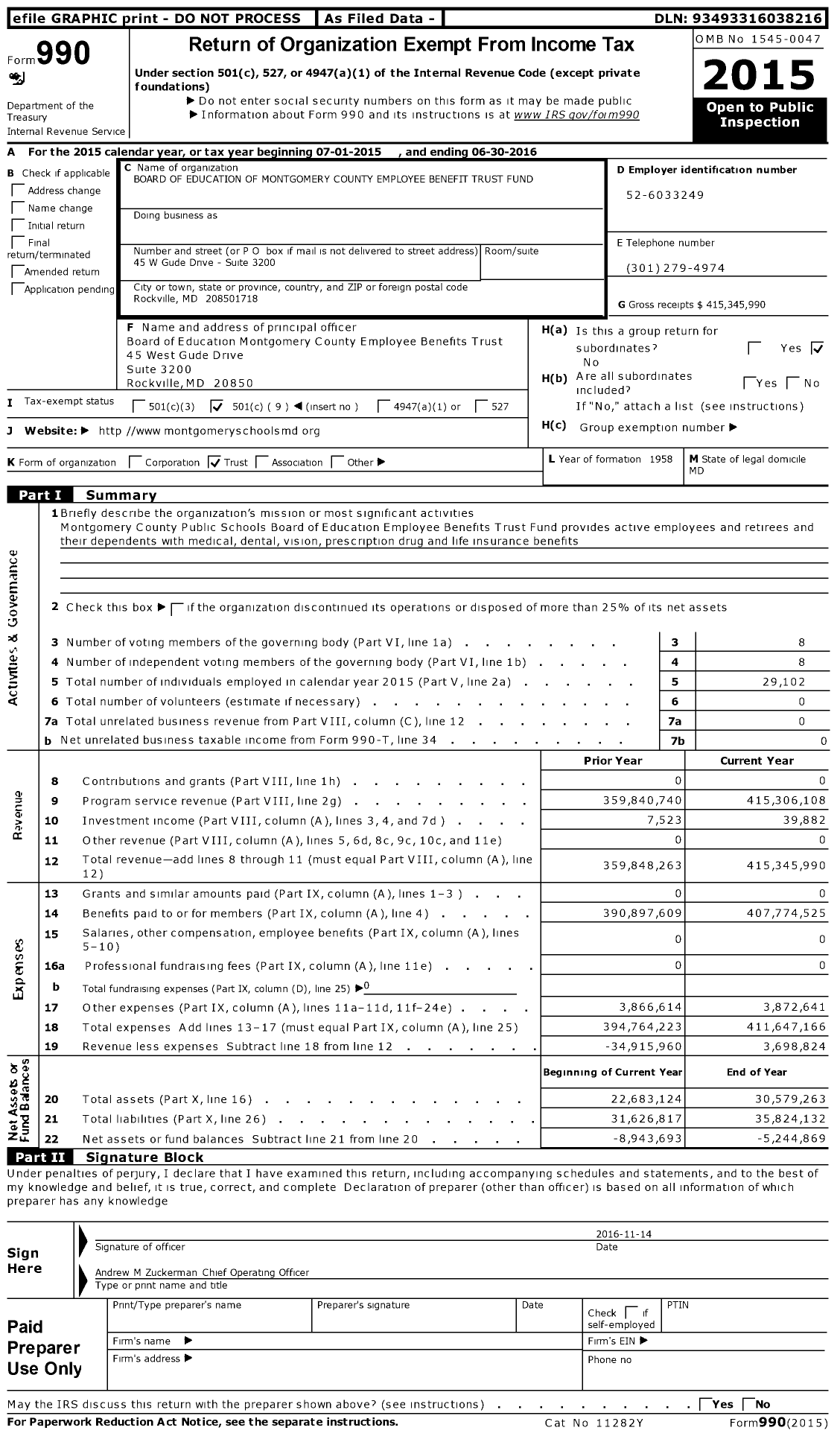 Image of first page of 2015 Form 990O for Board of Education of Montgomery County Employee Benefit Trust Fund