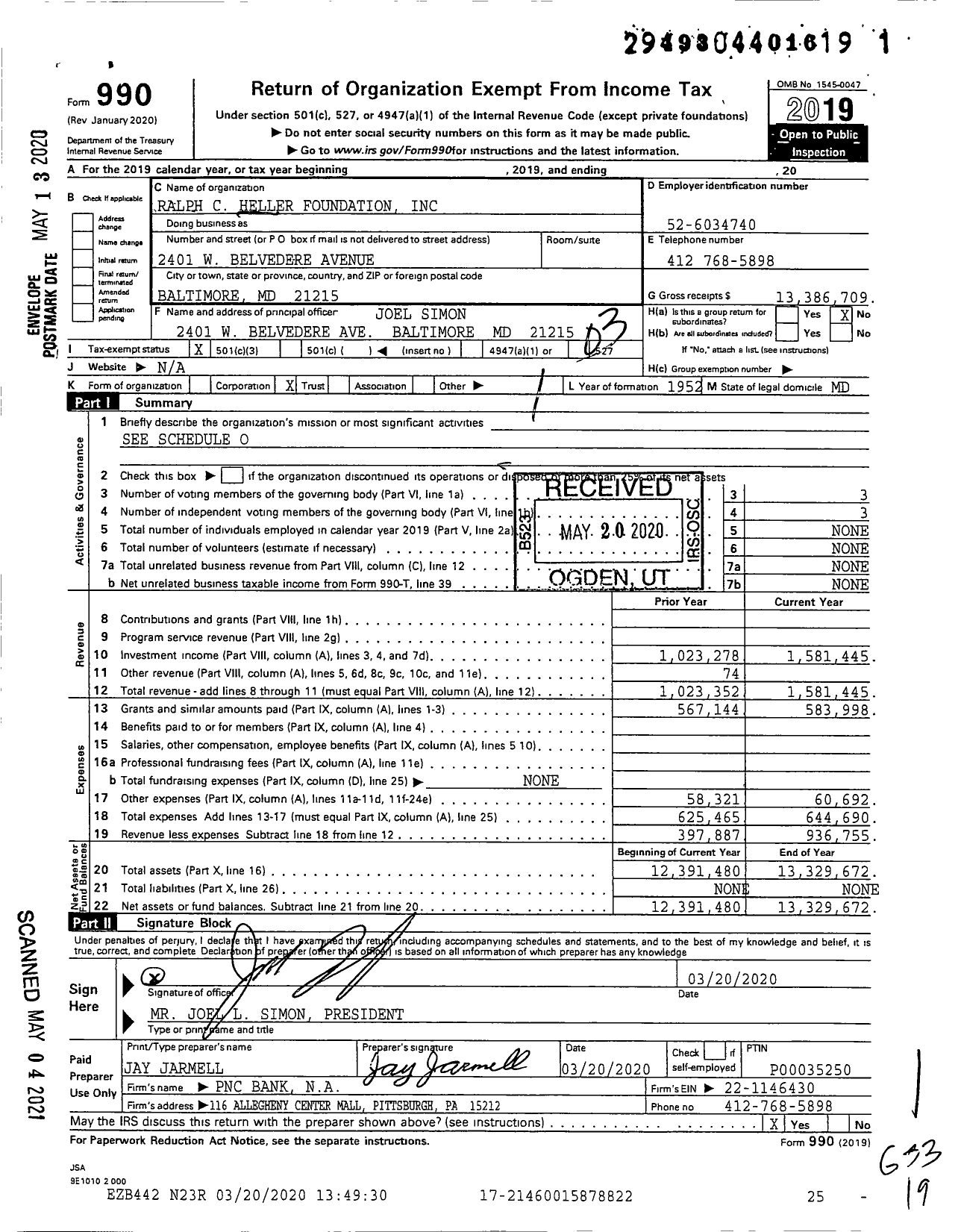 Image of first page of 2019 Form 990 for Ralph C Heller Foundation