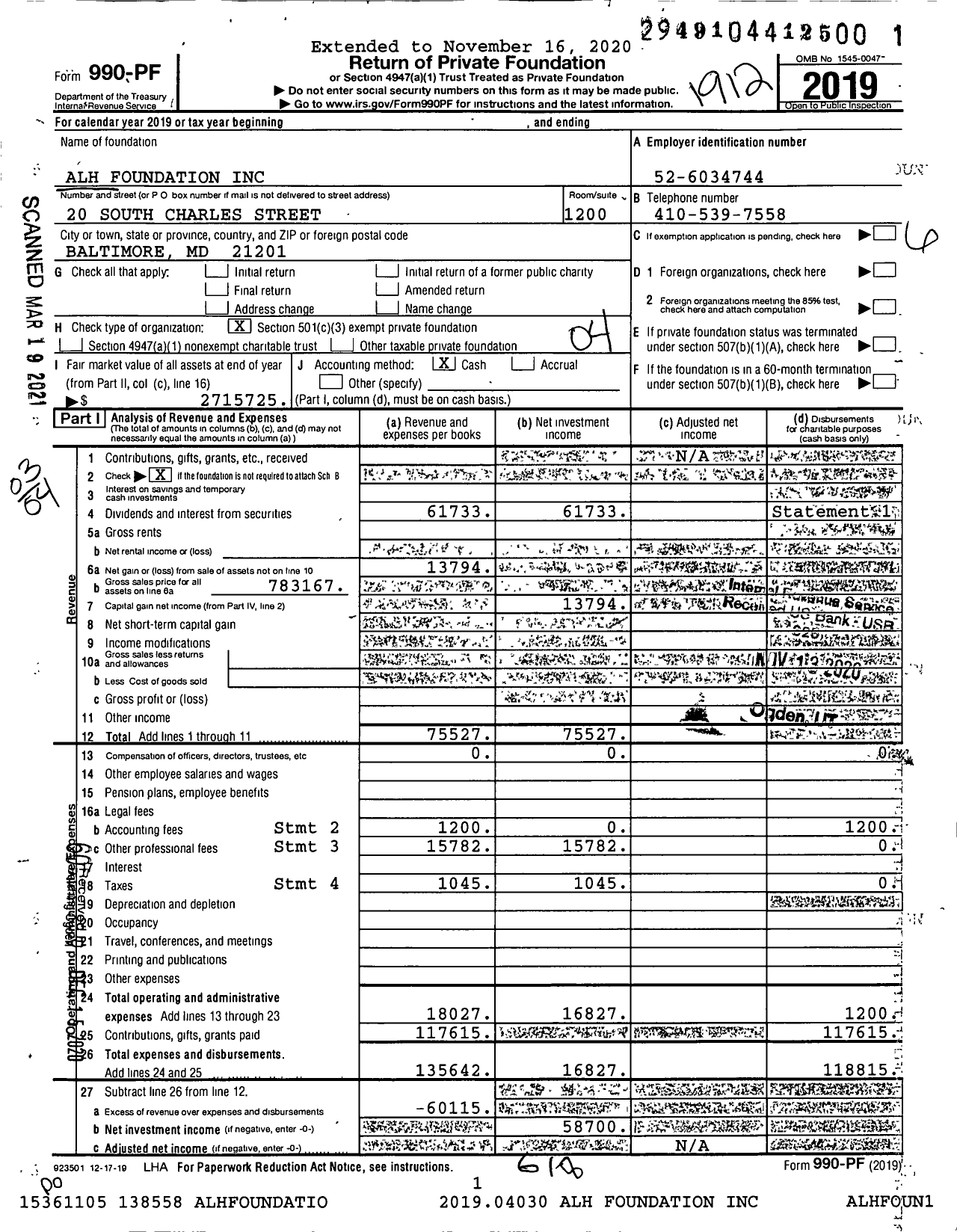 Image of first page of 2019 Form 990PF for Alh Foundation