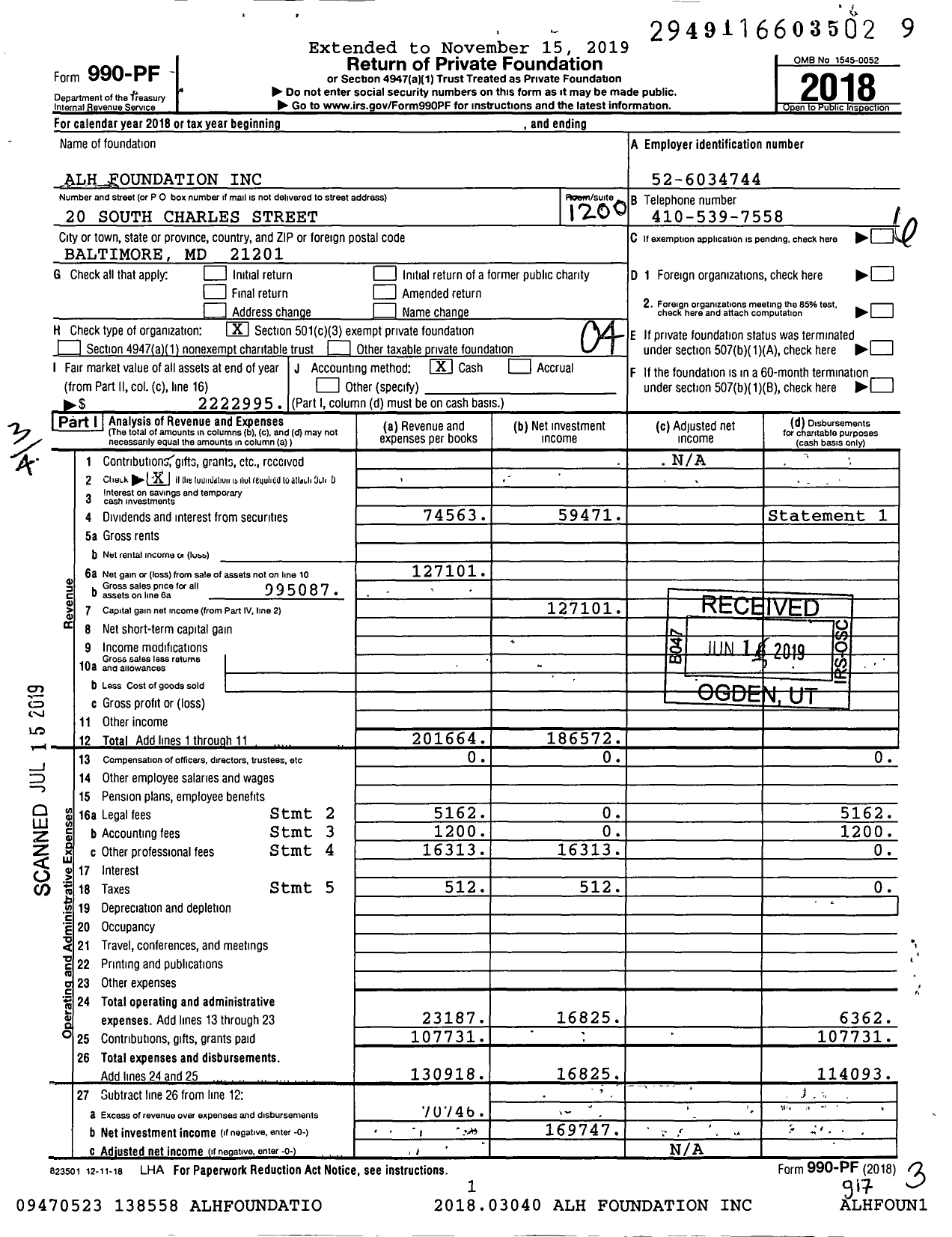 Image of first page of 2018 Form 990PF for Alh Foundation