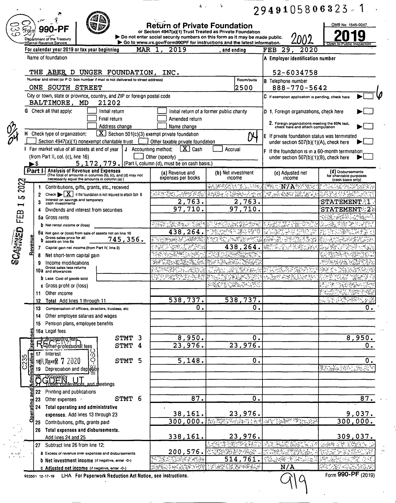 Image of first page of 2019 Form 990PF for The Aber D Unger Foundation