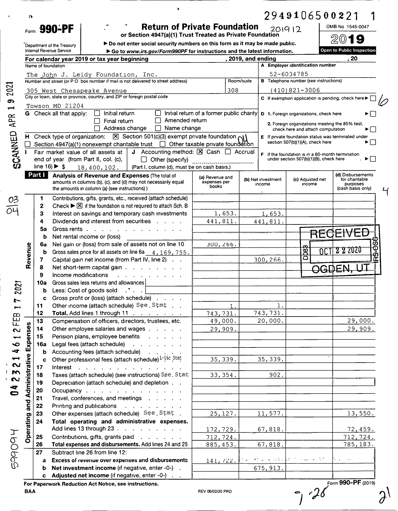 Image of first page of 2019 Form 990PF for The John J Leidy Foundation