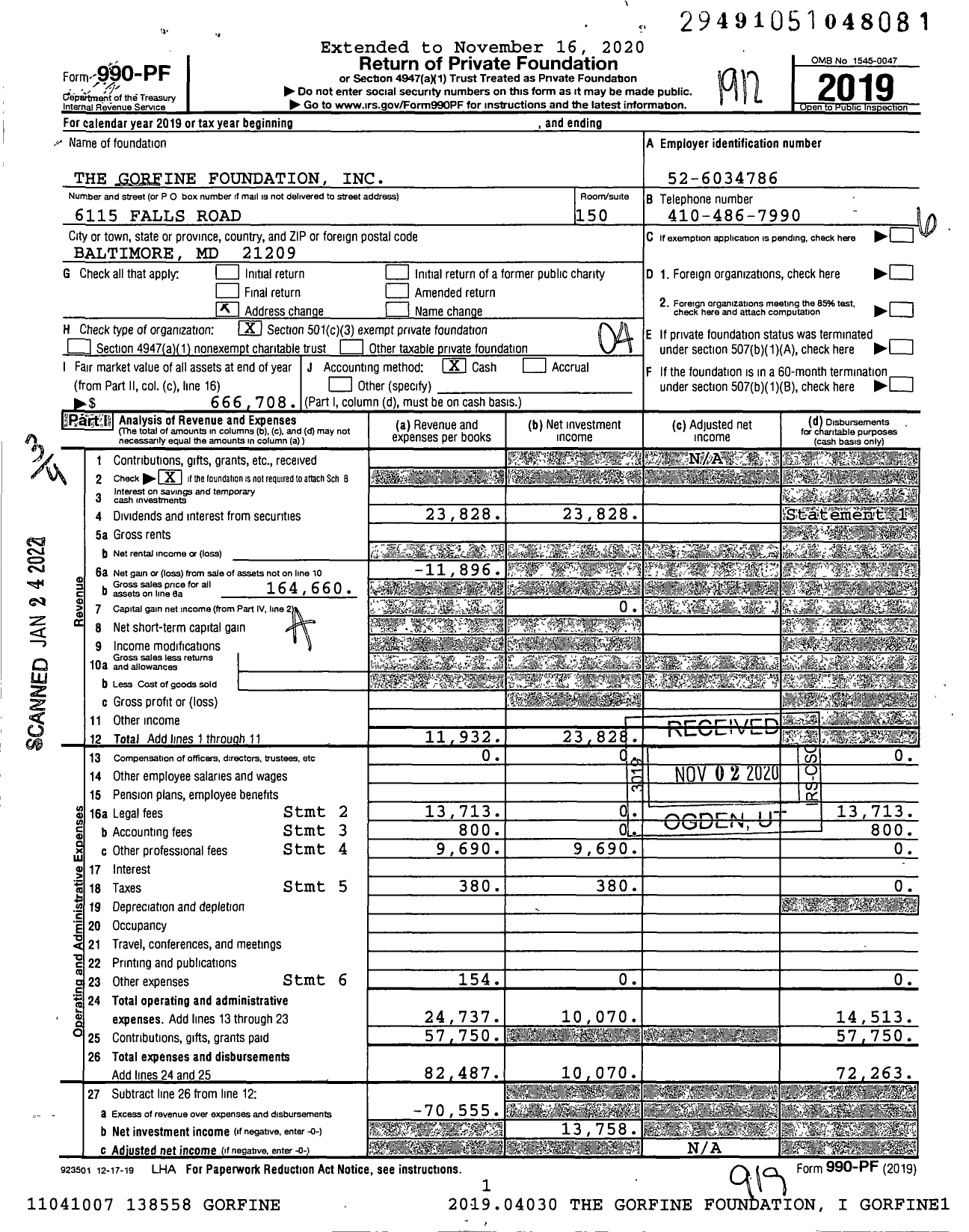 Image of first page of 2019 Form 990PF for The Gorfine Foundation