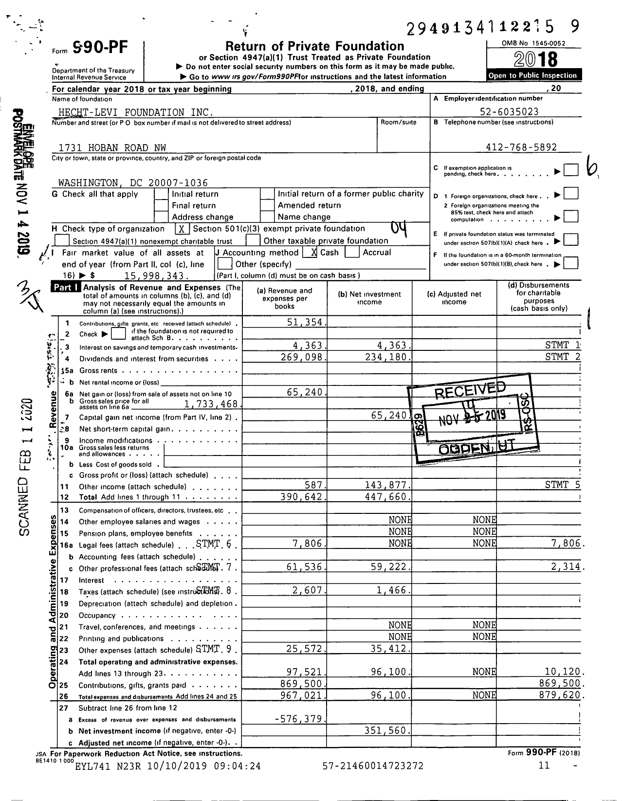 Image of first page of 2018 Form 990PF for Hecht-Levi Foundation