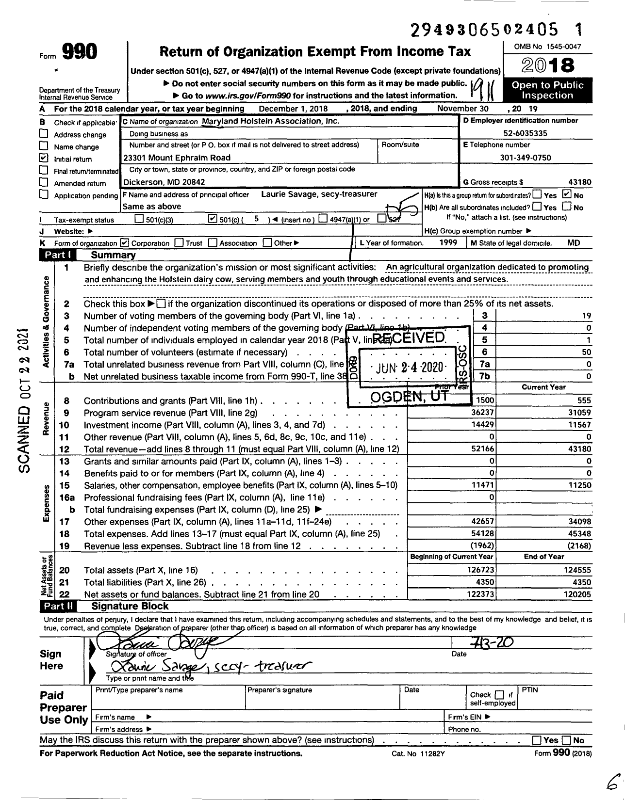 Image of first page of 2018 Form 990O for Maryland Holstein Association