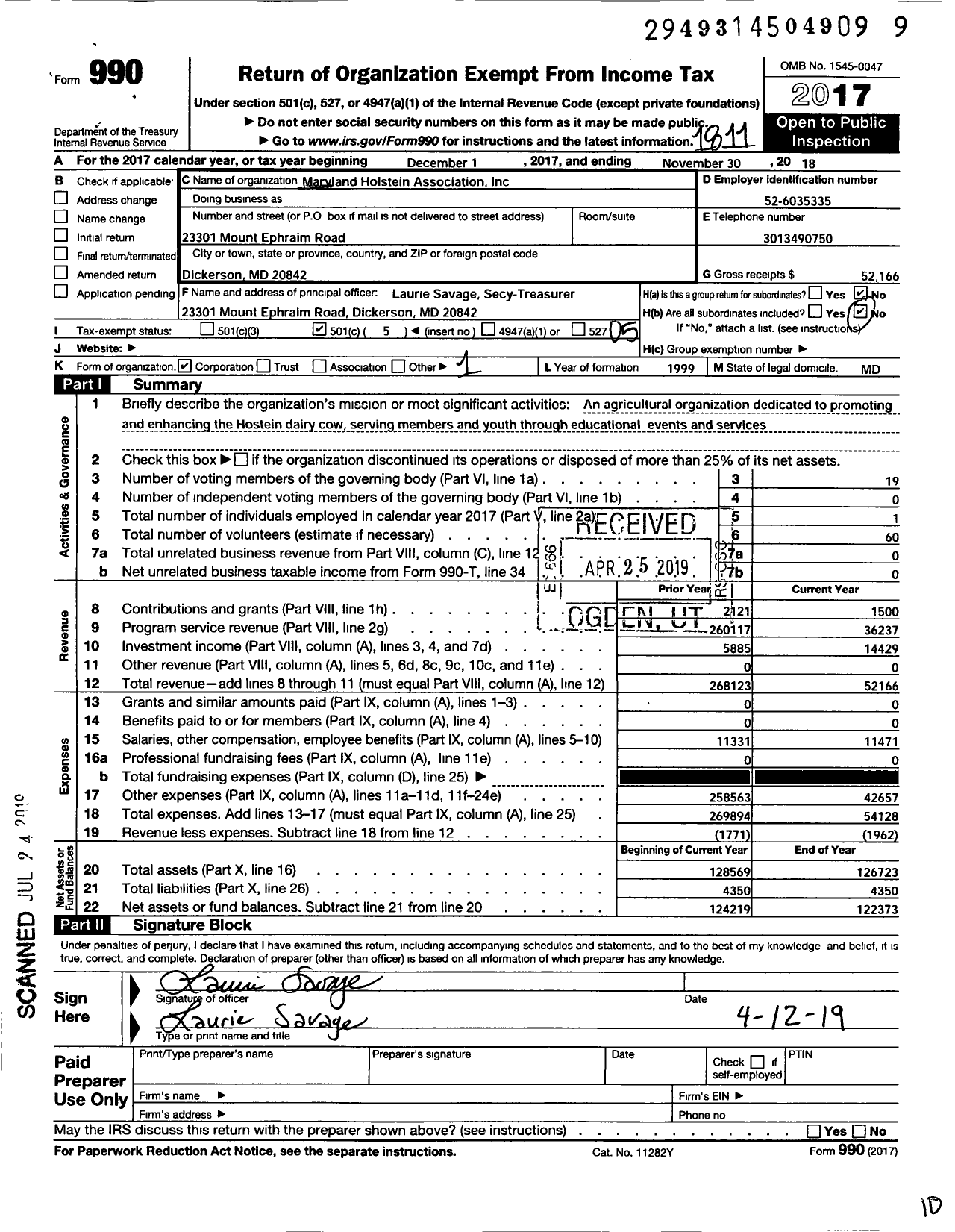 Image of first page of 2017 Form 990O for Maryland Holstein Association