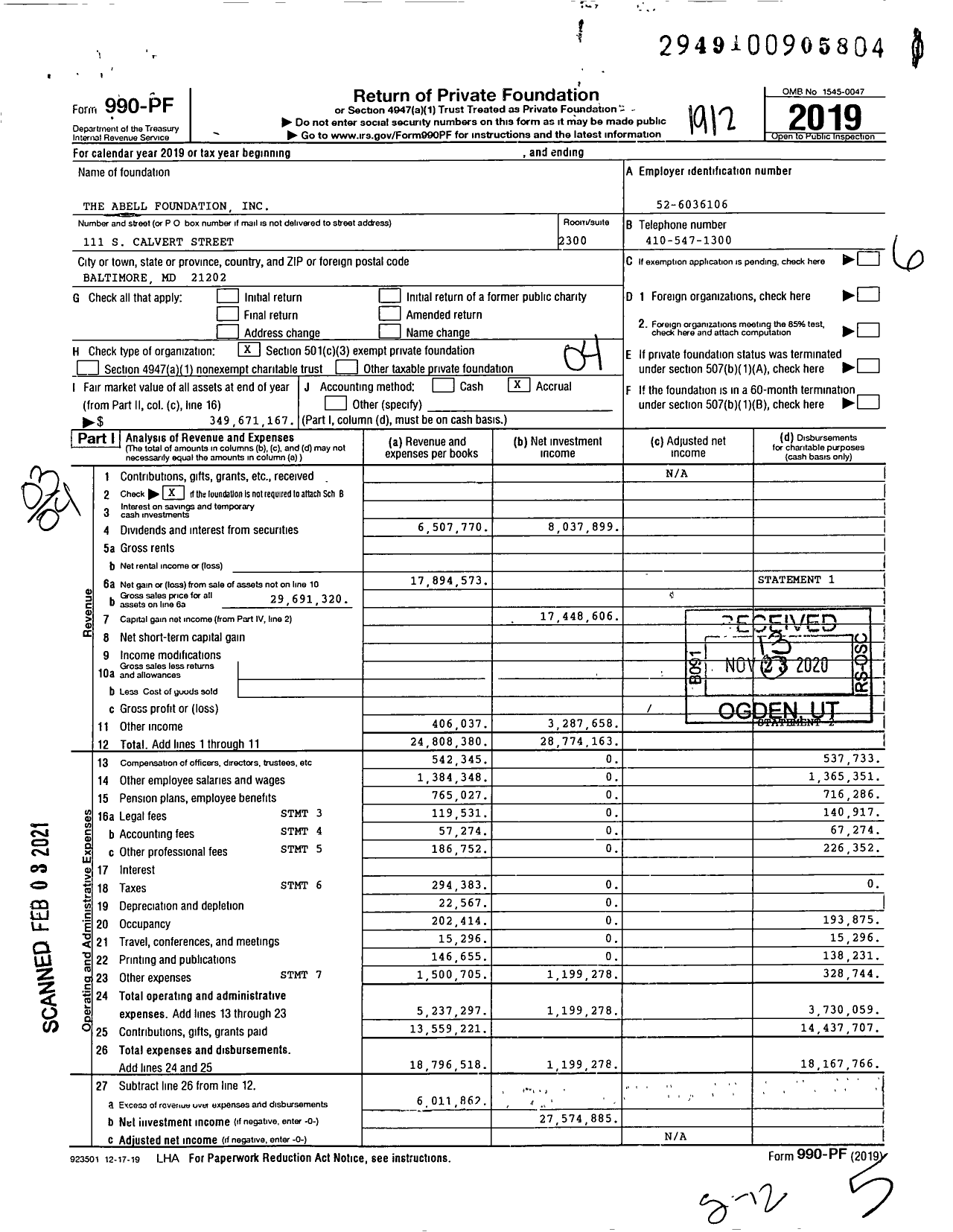 Image of first page of 2019 Form 990PF for Abell Foundation