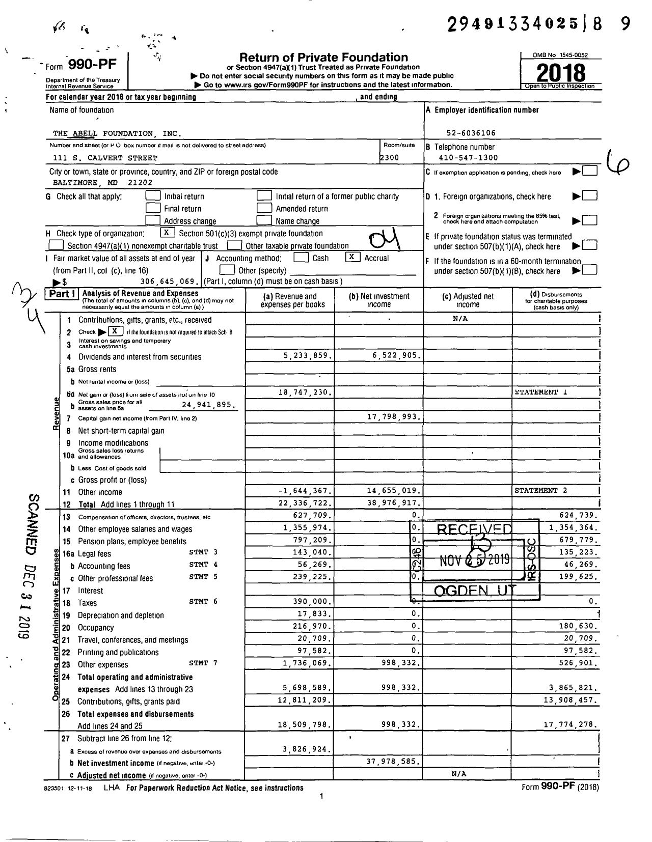 Image of first page of 2018 Form 990PF for Abell Foundation