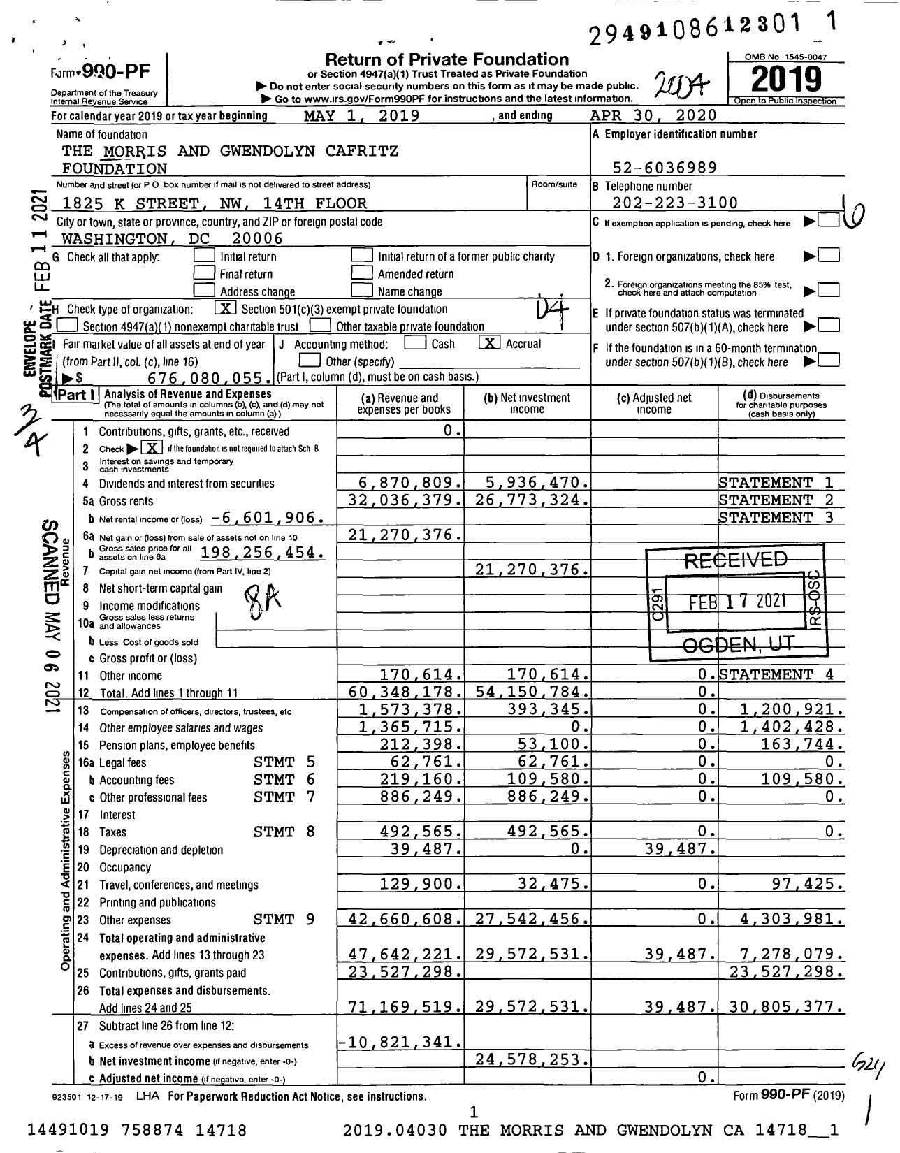 Image of first page of 2019 Form 990PF for Morris and Gwendolyn Cafritz Foundation