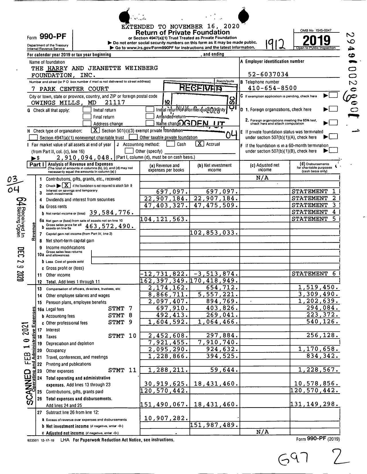 Image of first page of 2019 Form 990PF for Harry & Jeanette Weinberg Foundation