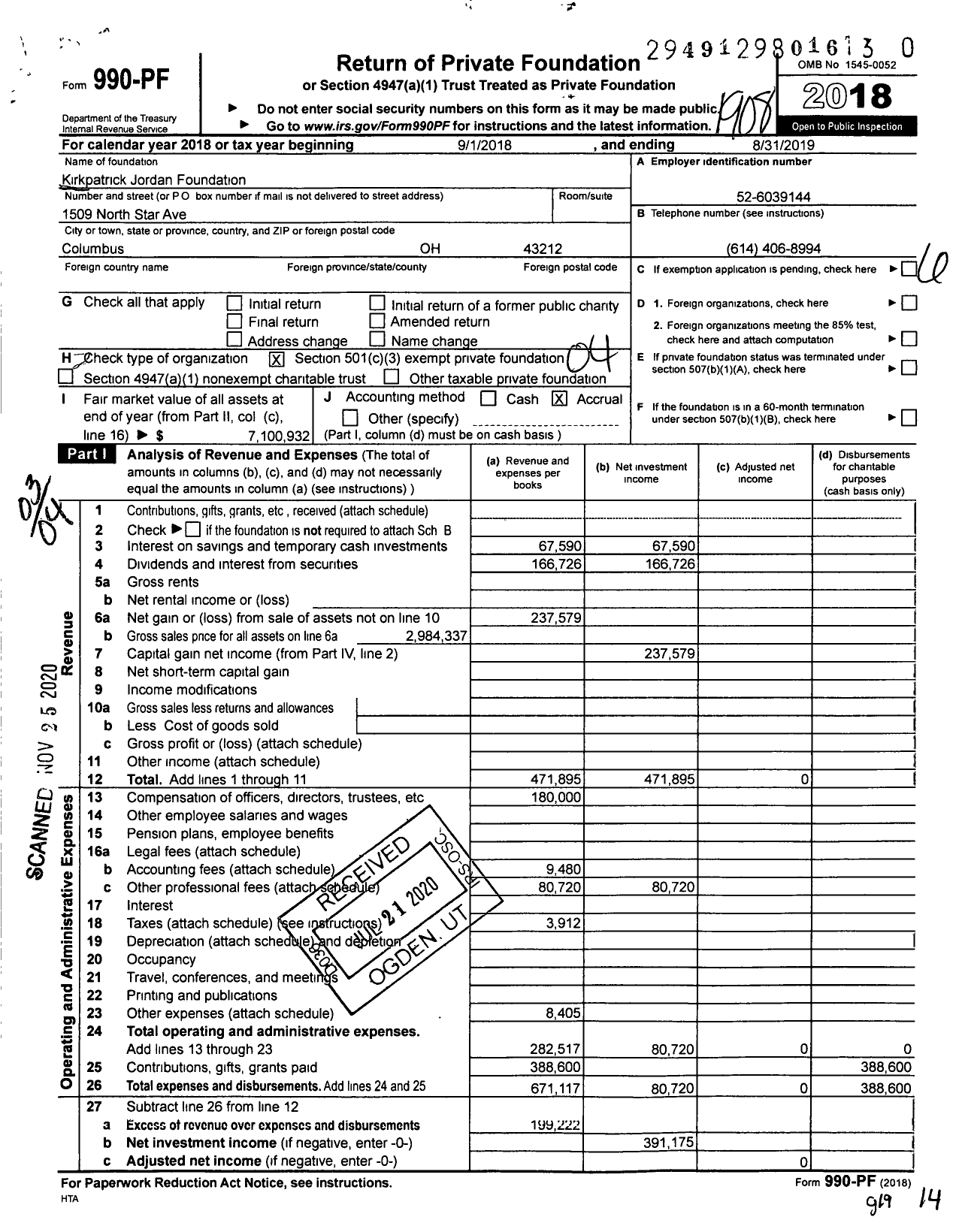 Image of first page of 2018 Form 990PF for Kirkpatrick Jordan Foundation