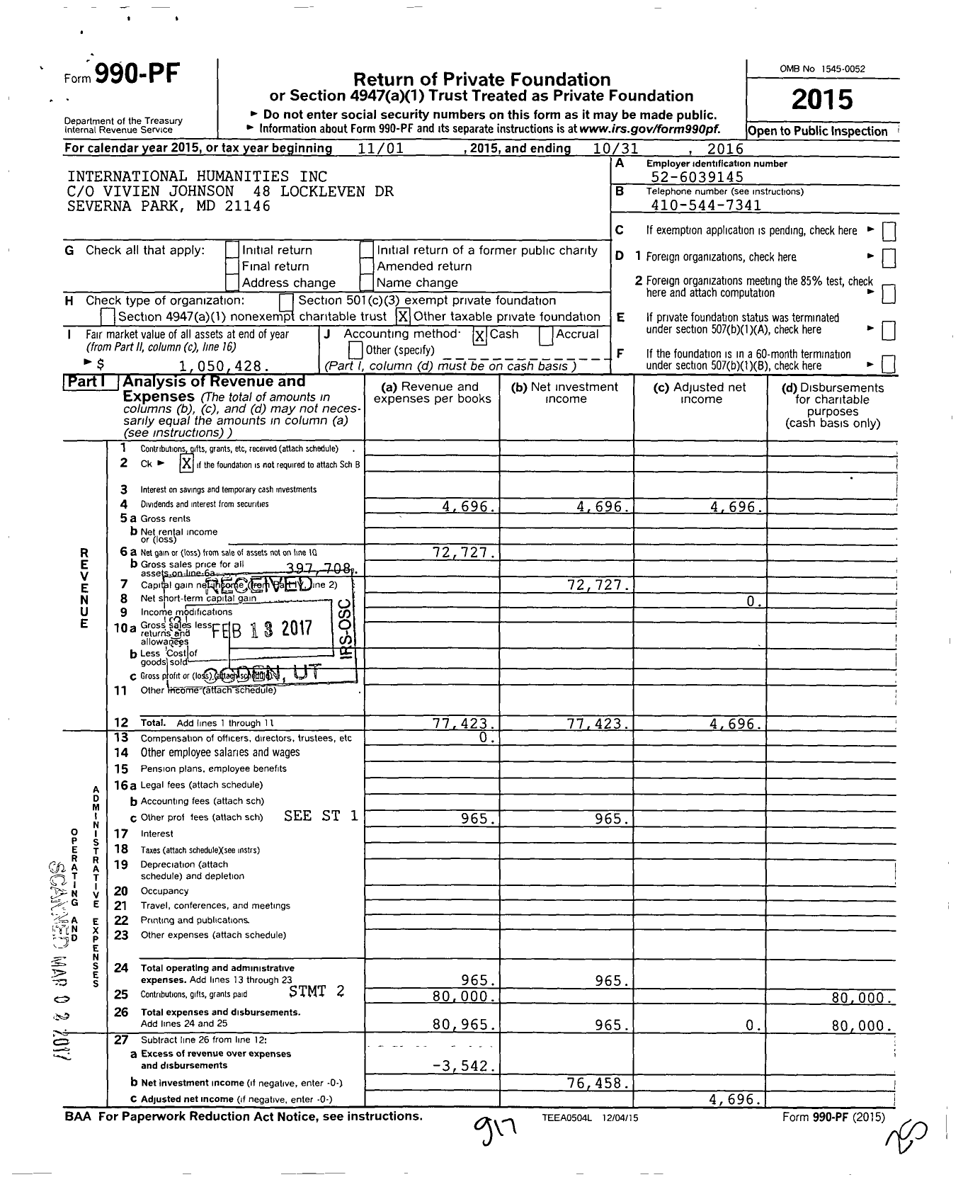 Image of first page of 2015 Form 990PF for International Humanities