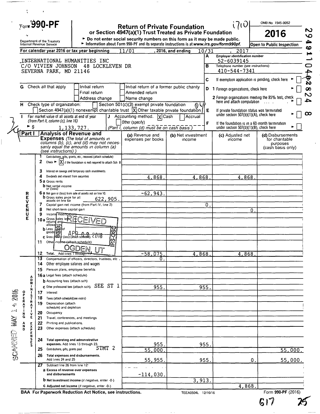 Image of first page of 2016 Form 990PF for International Humanities