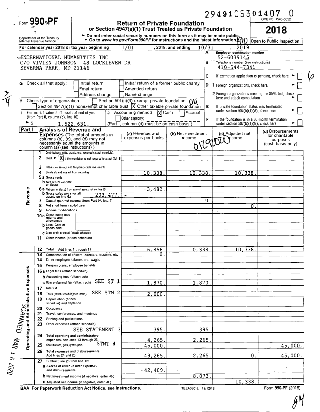 Image of first page of 2018 Form 990PR for International Humanities