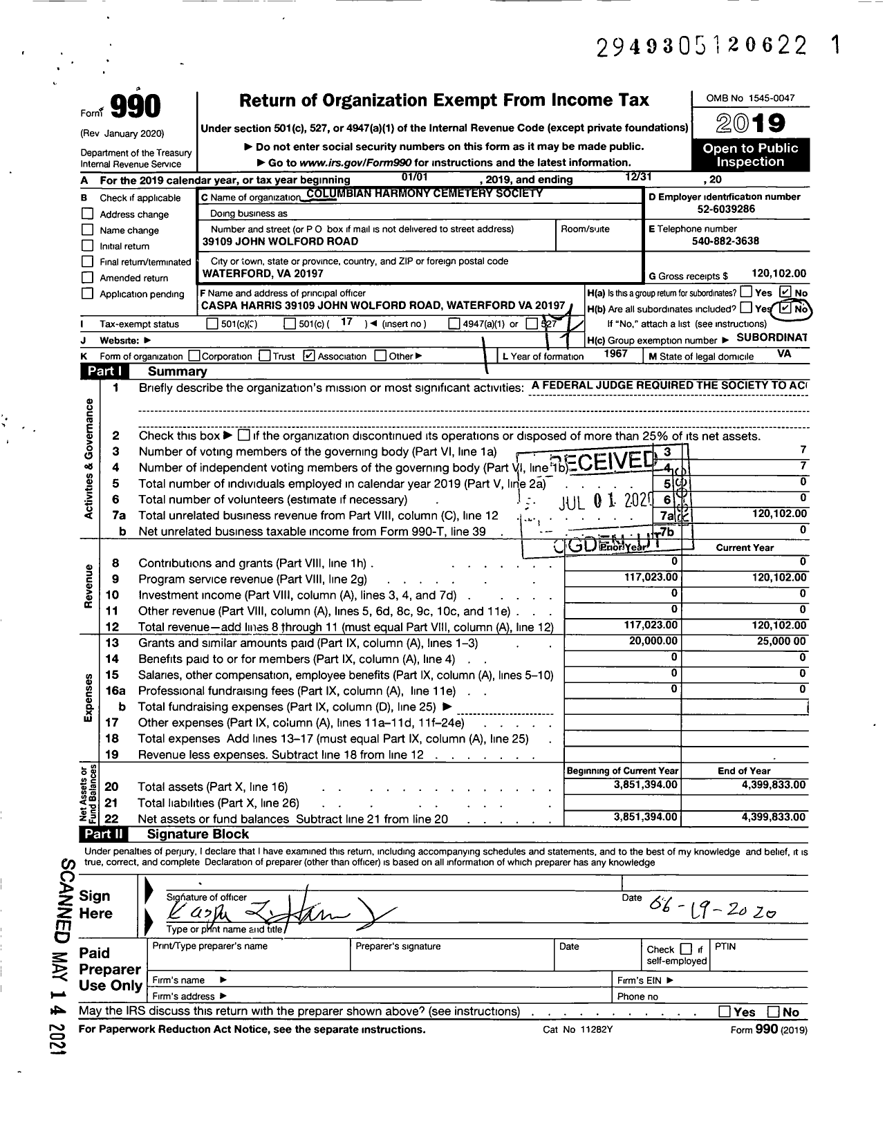 Image of first page of 2019 Form 990O for Columbian Harmony Capital Acct 610004061