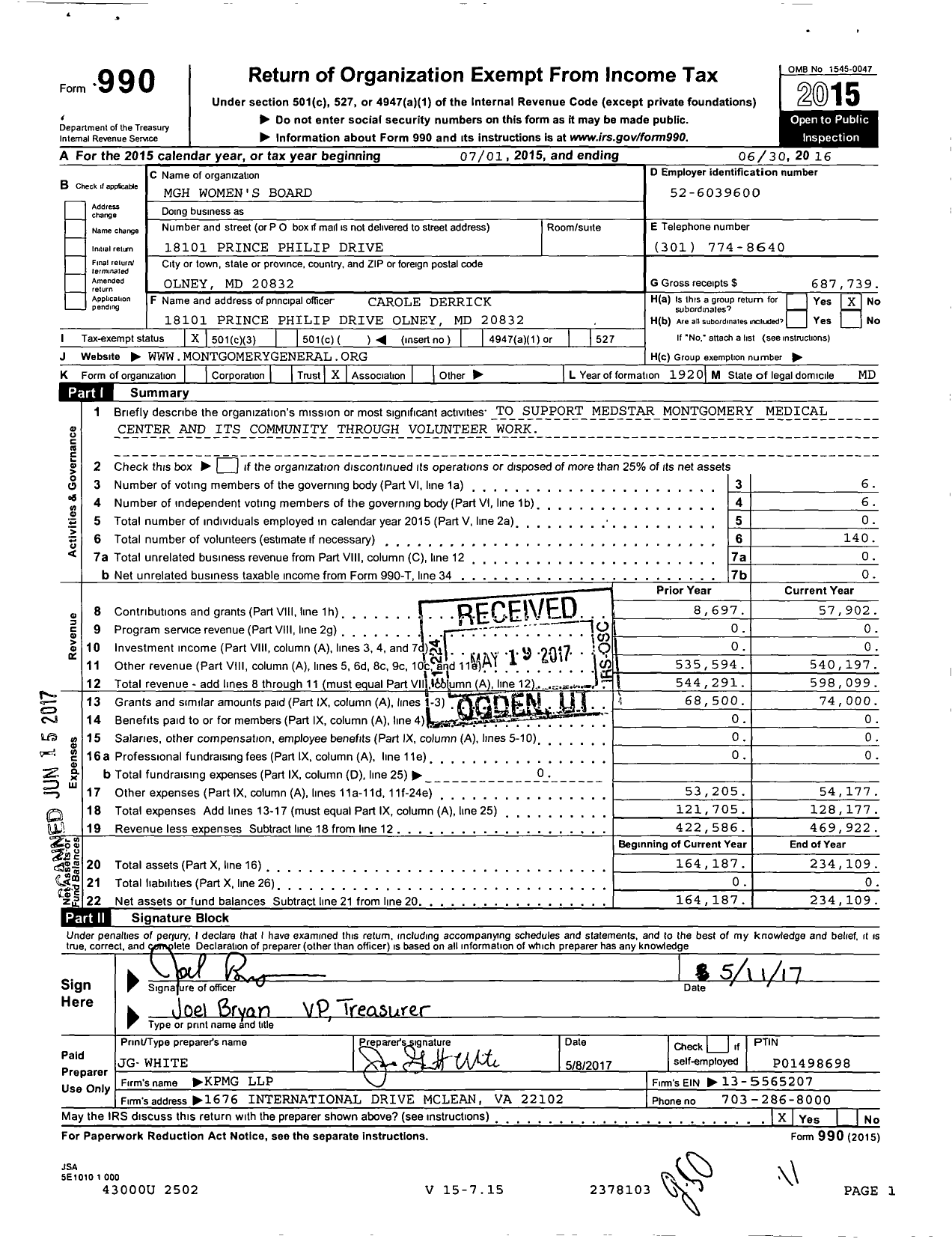 Image of first page of 2015 Form 990 for MGH Women's Board