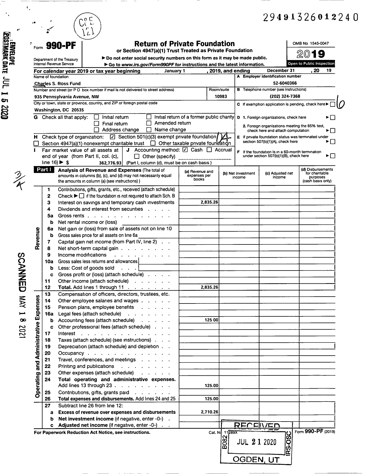 Image of first page of 2019 Form 990PF for Charles S Ross Fund