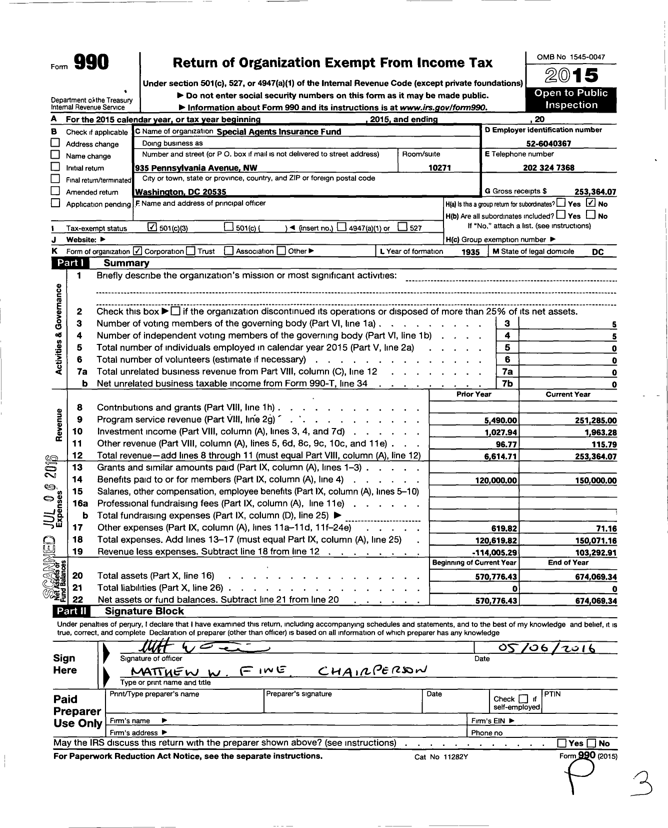 Image of first page of 2015 Form 990 for Special Agents Insurance Fund