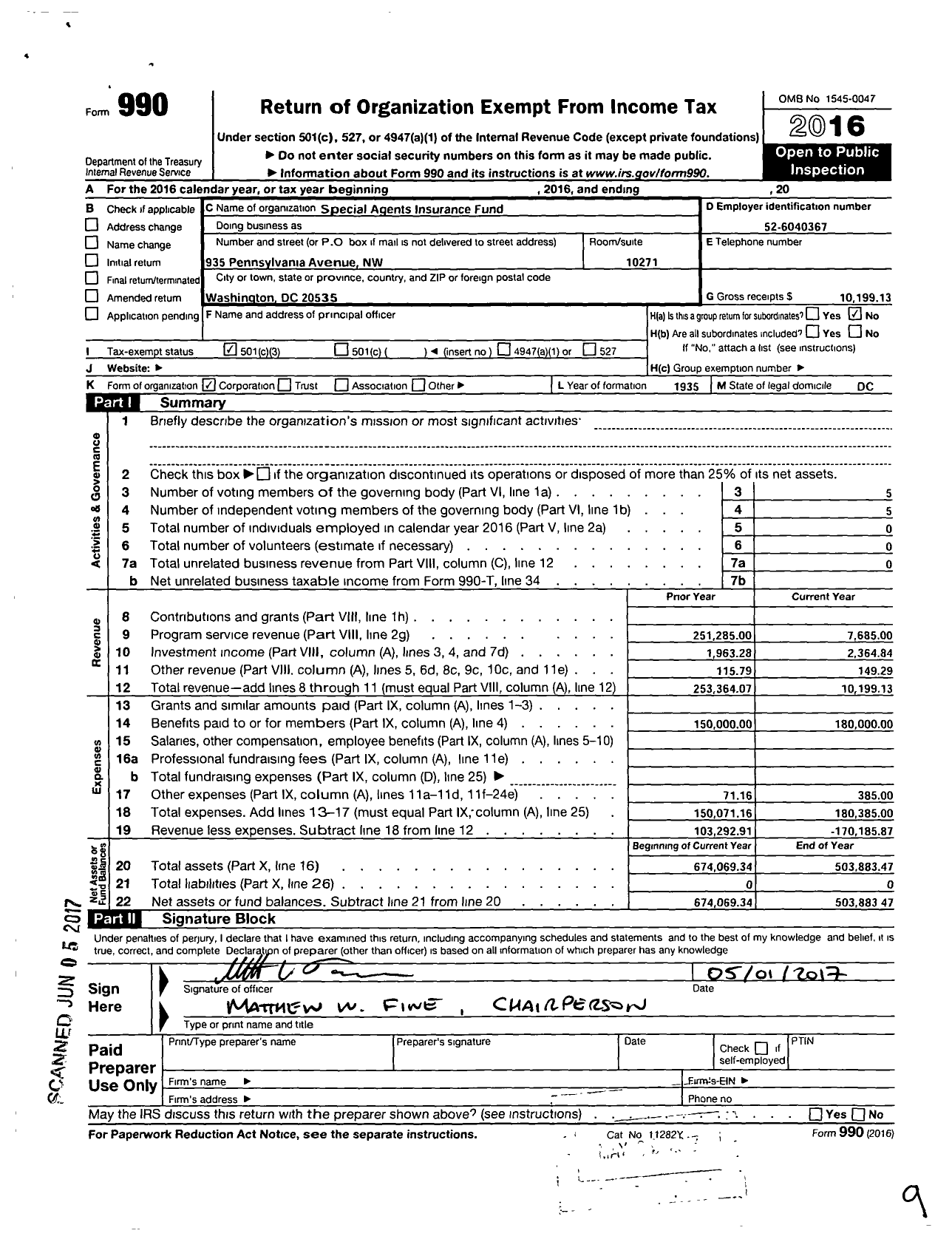 Image of first page of 2016 Form 990 for Special Agents Insurance Fund