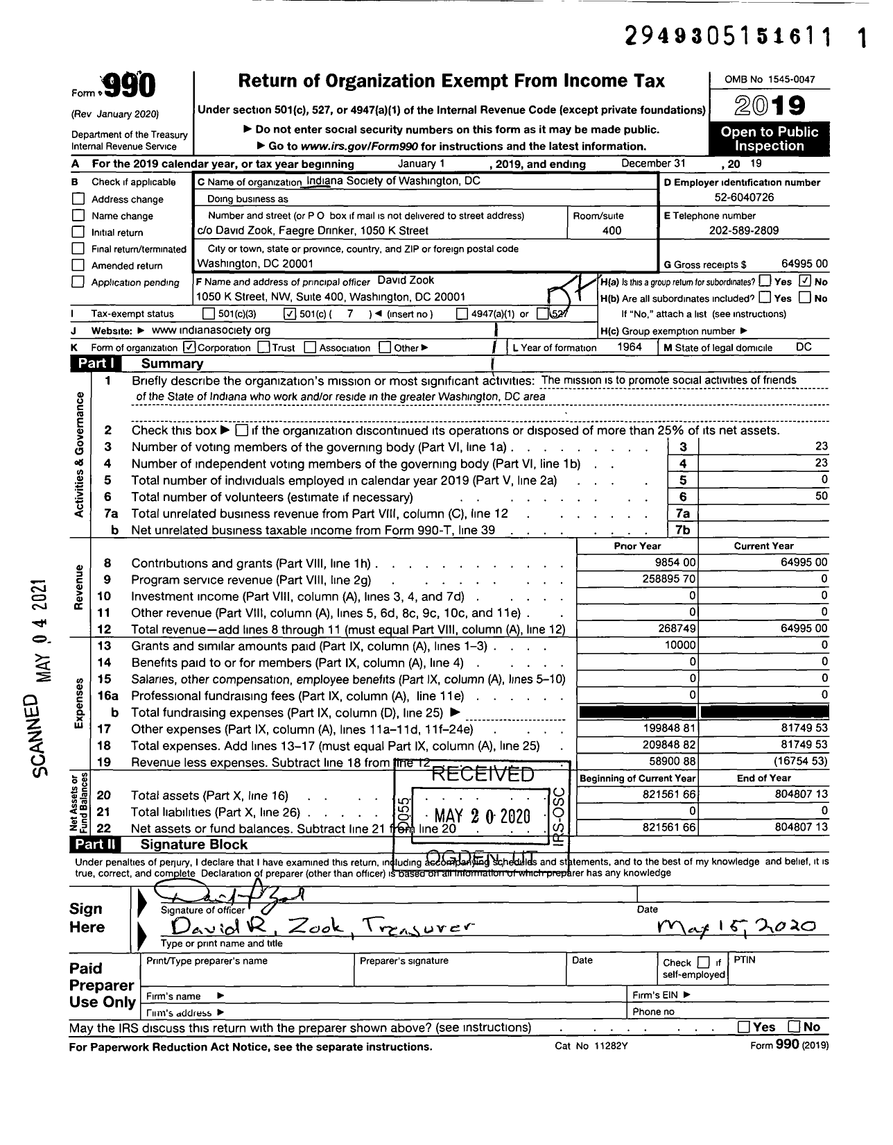 Image of first page of 2019 Form 990O for Indiana Society of Washington DC C