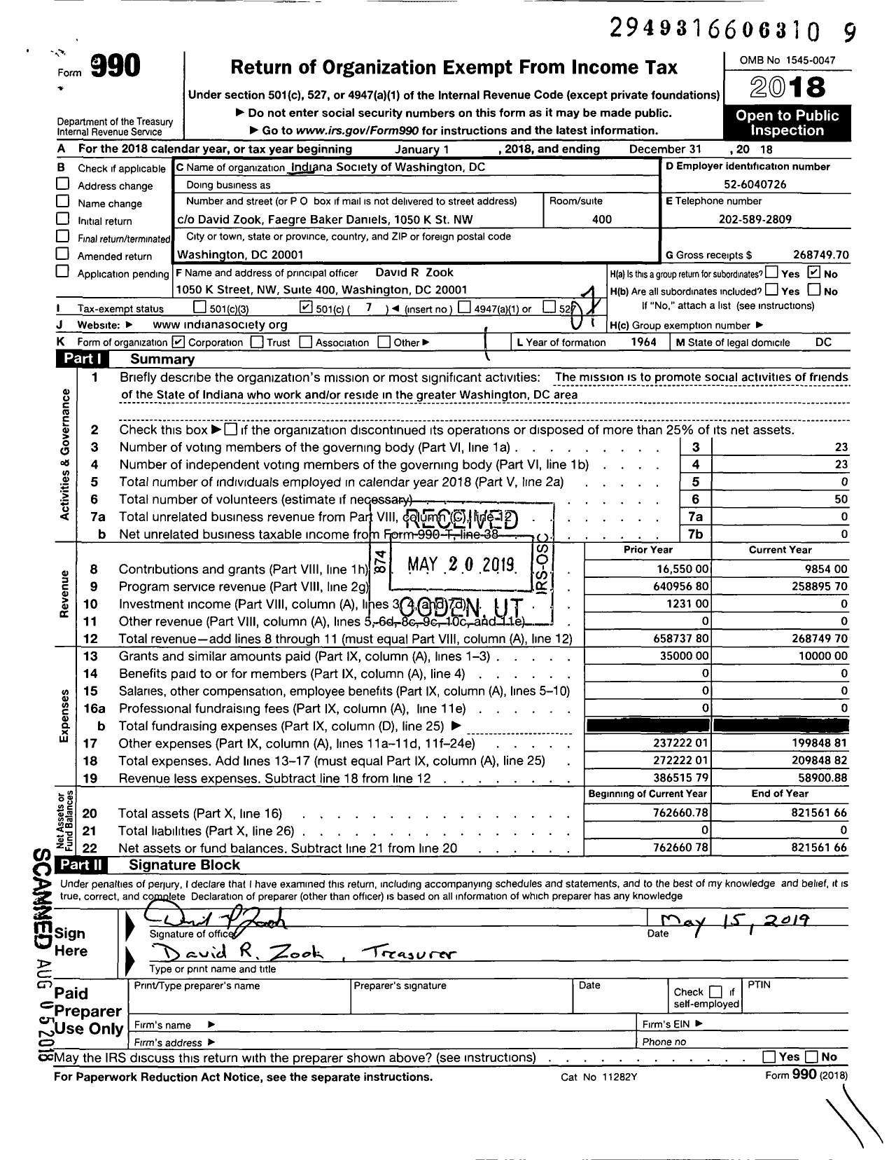 Image of first page of 2018 Form 990O for Indiana Society of Washington DC C