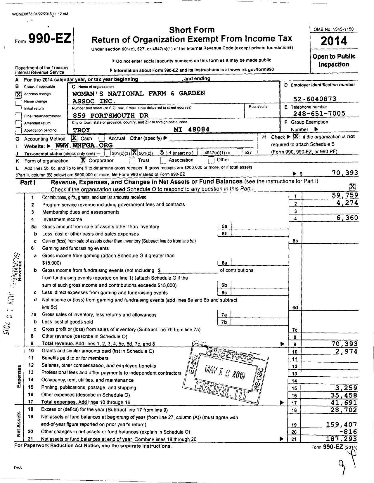 Image of first page of 2014 Form 990EO for Womans National Farm and Garden Association