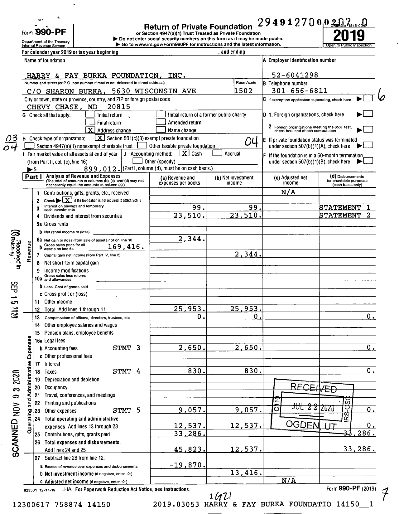 Image of first page of 2019 Form 990PF for Harry and Fay Burka Foundation