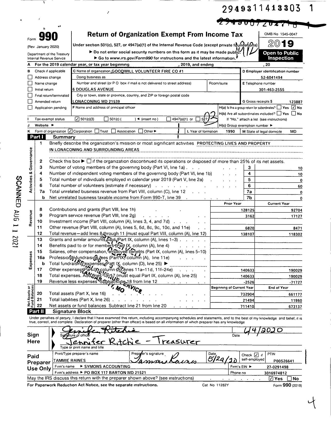 Image of first page of 2019 Form 990 for Goodwill Volunteer Fire Co 1