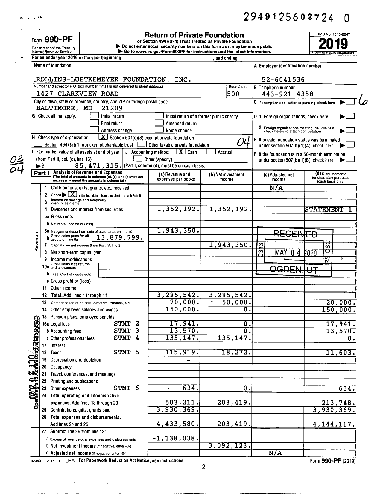 Image of first page of 2019 Form 990PR for Rollins-Luethkemeyer Foundation