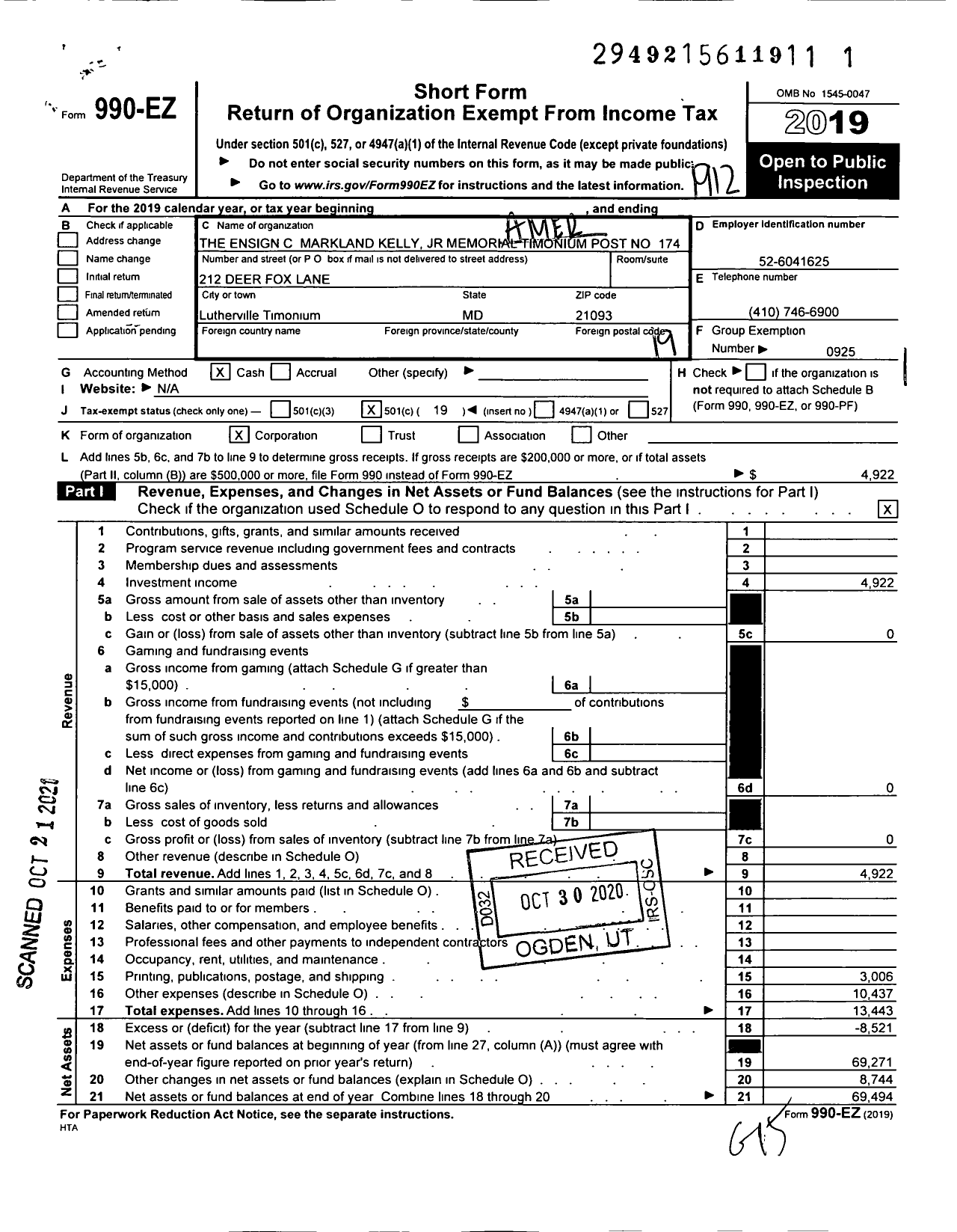 Image of first page of 2019 Form 990EO for American Legion - 174