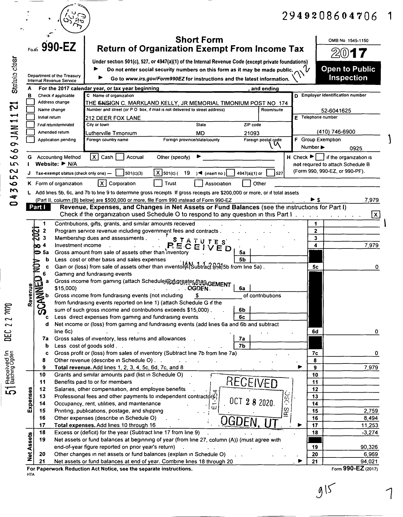 Image of first page of 2017 Form 990EO for American Legion - 174